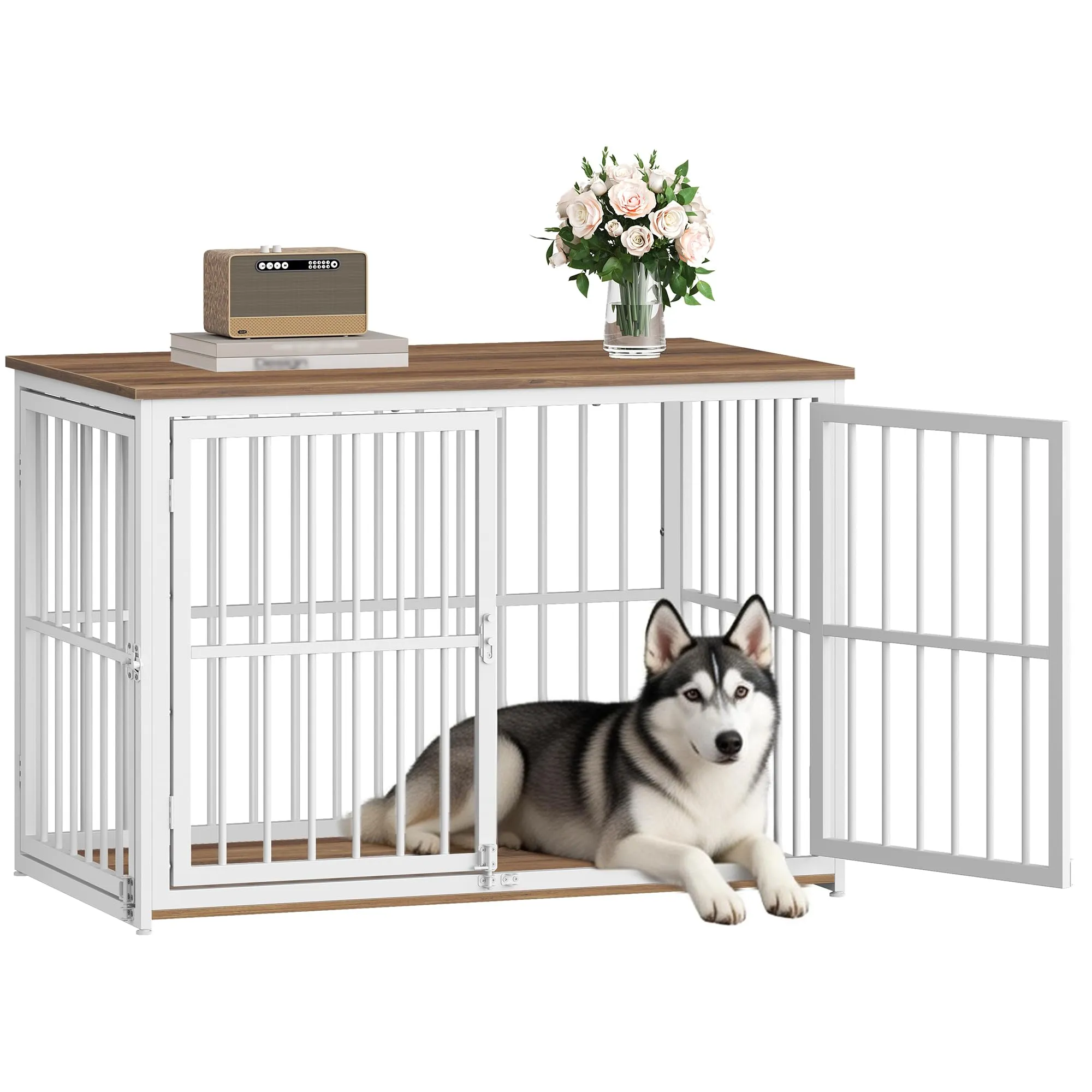 Fobyfurny Gabbia per Cani, 100 x 60 x 70cm, Marrone Rustico & Bianco - immagine 1