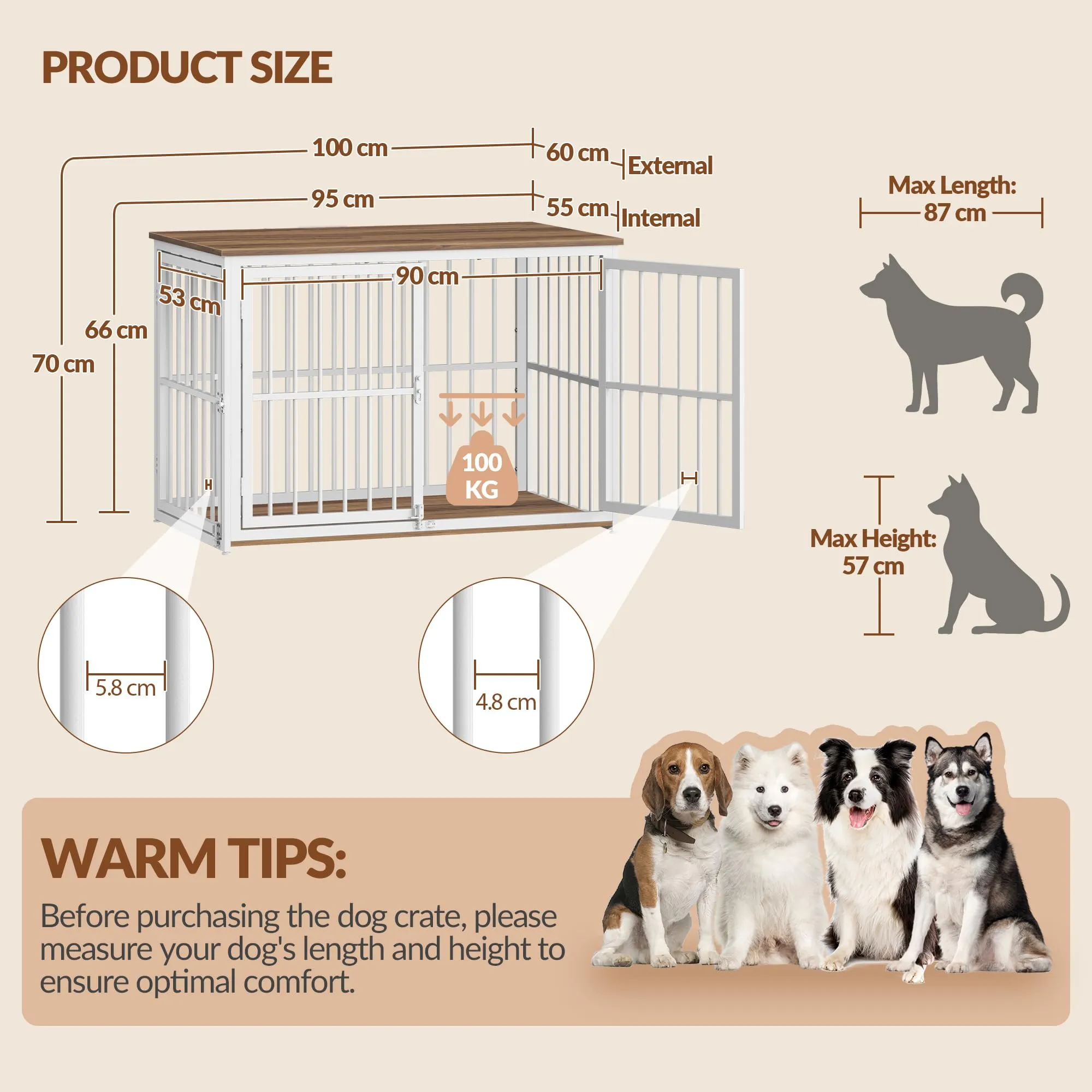 Fobyfurny Gabbia per Cani, 100 x 60 x 70cm, Marrone Rustico & Bianco - immagine 4