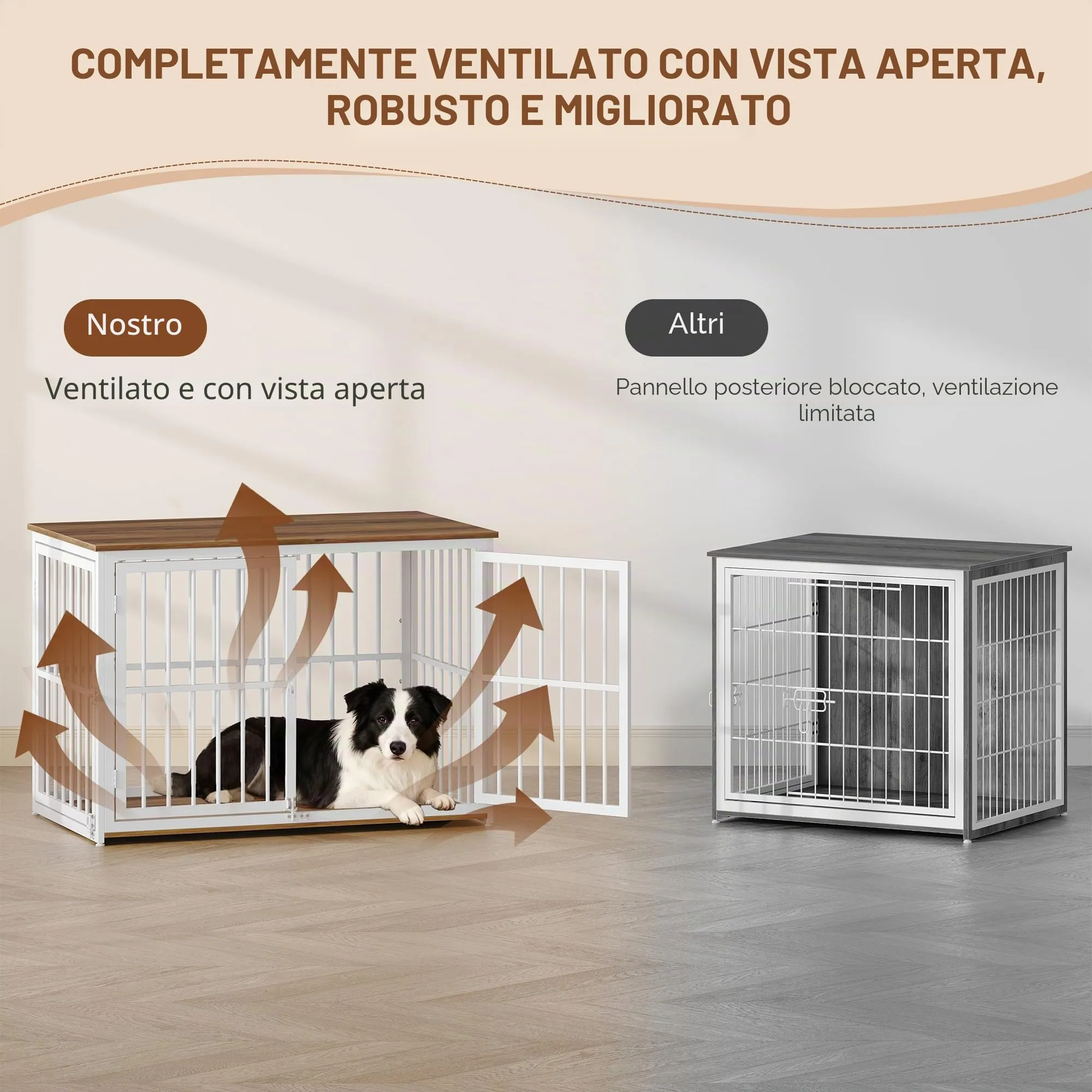 Fobyfurny Gabbia per Cani, 100 x 60 x 70cm, Marrone Rustico & Bianco - immagine 5