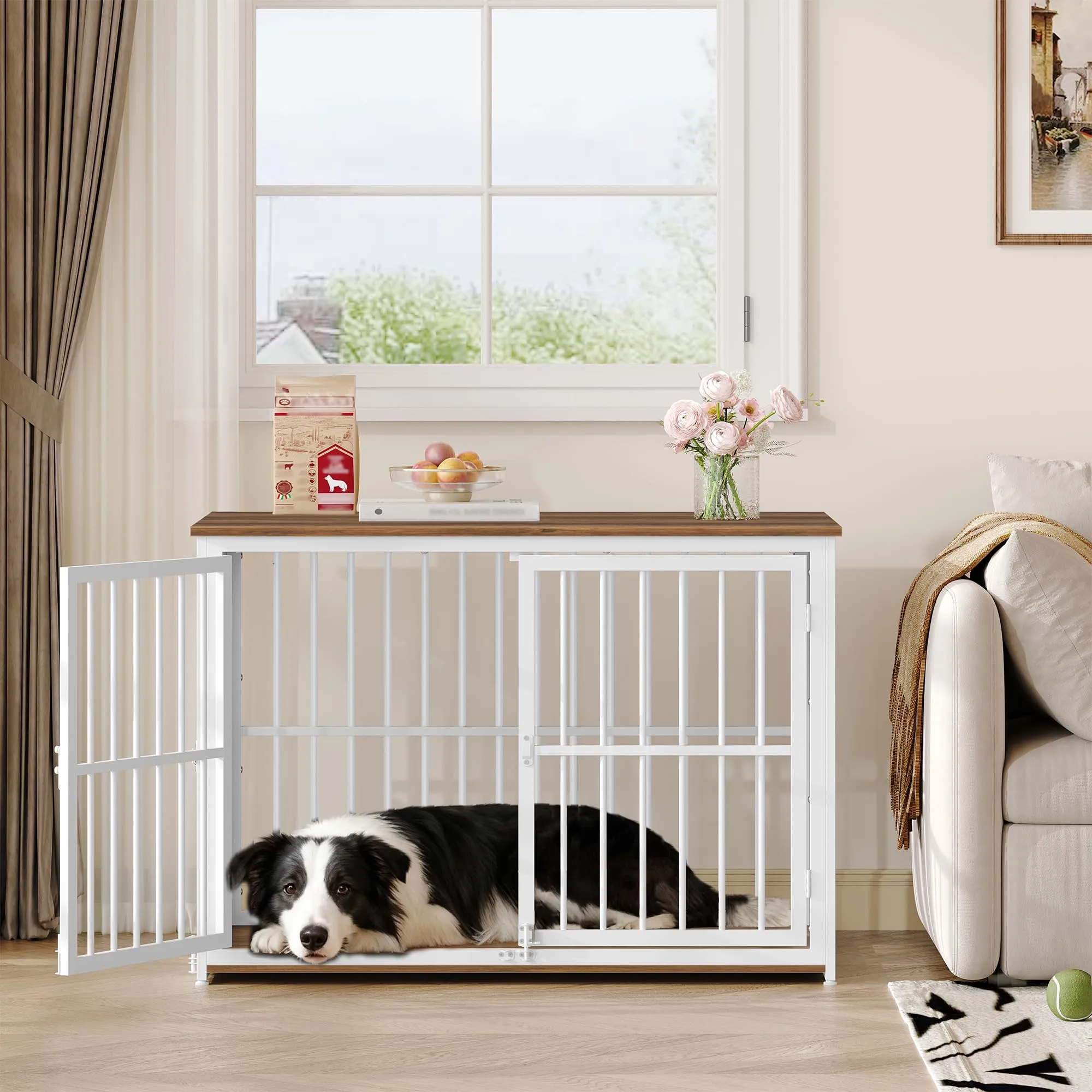 Fobyfurny Gabbia per Cani, 100 x 60 x 70cm, Marrone Rustico & Bianco - immagine 6