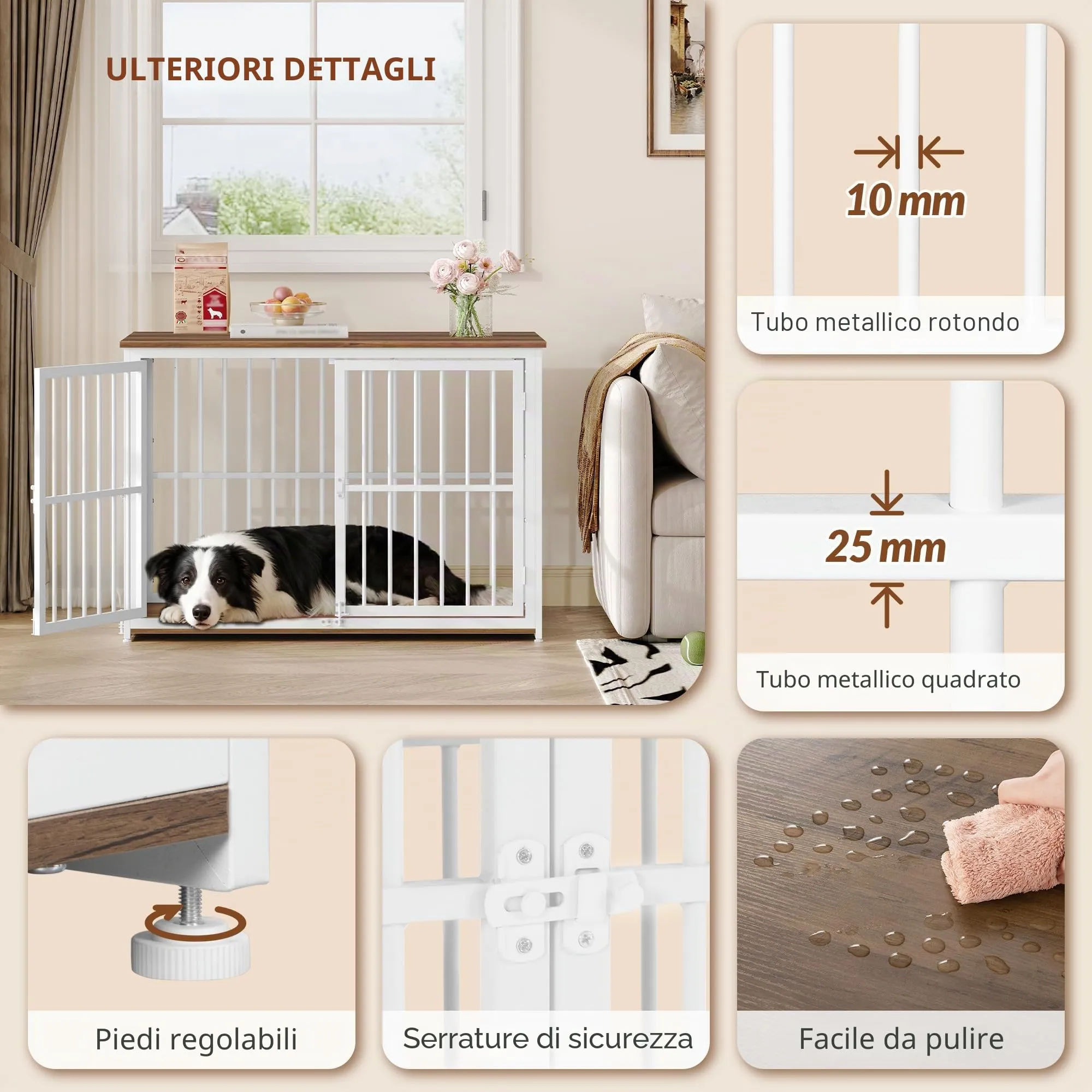 Fobyfurny Gabbia per Cani, 100 x 60 x 70cm, Marrone Rustico & Bianco - immagine 7