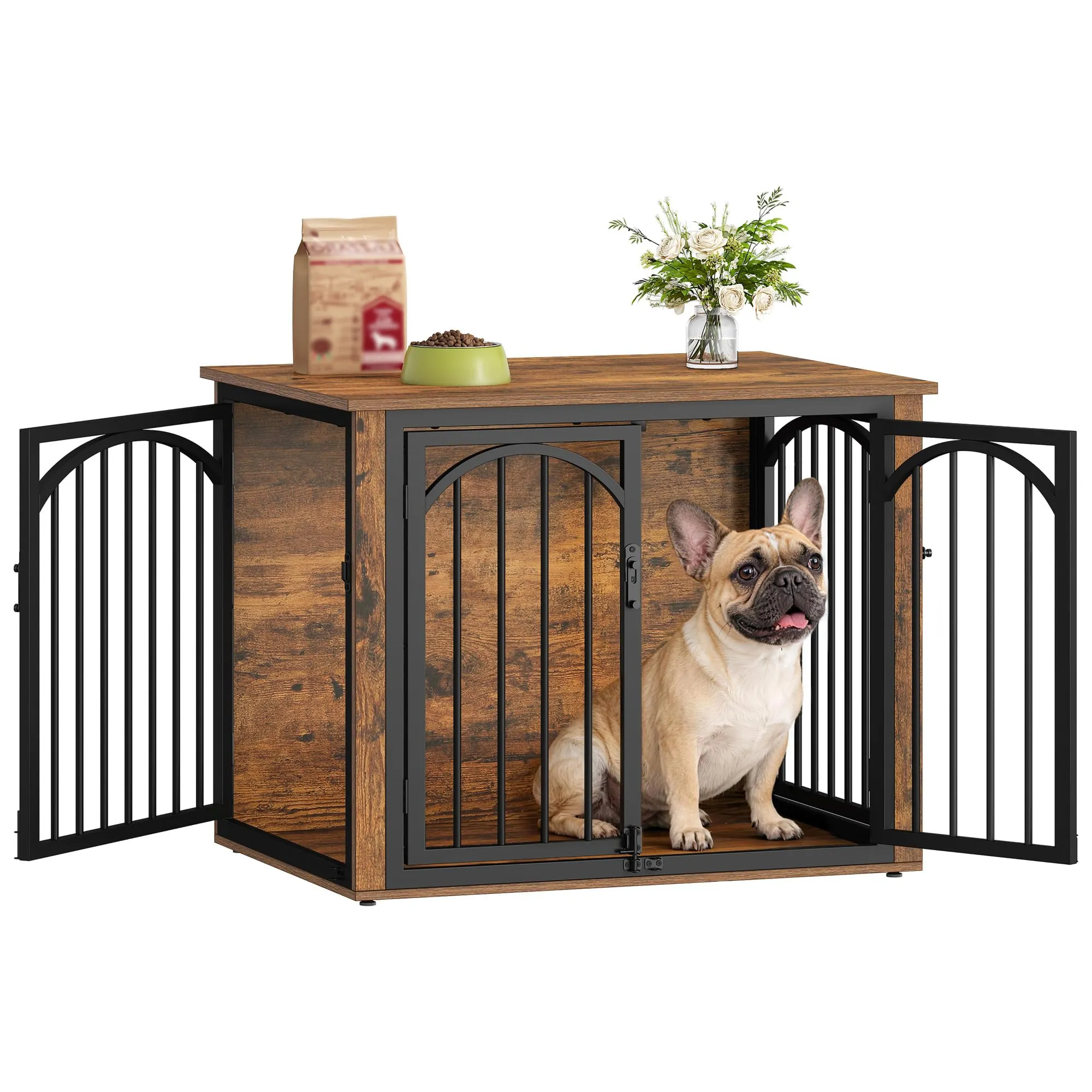 Fobyfurny Gabbia per Cani, 80 x 60 x 63 cm, Marrone Rustico e Nero - immagine 1