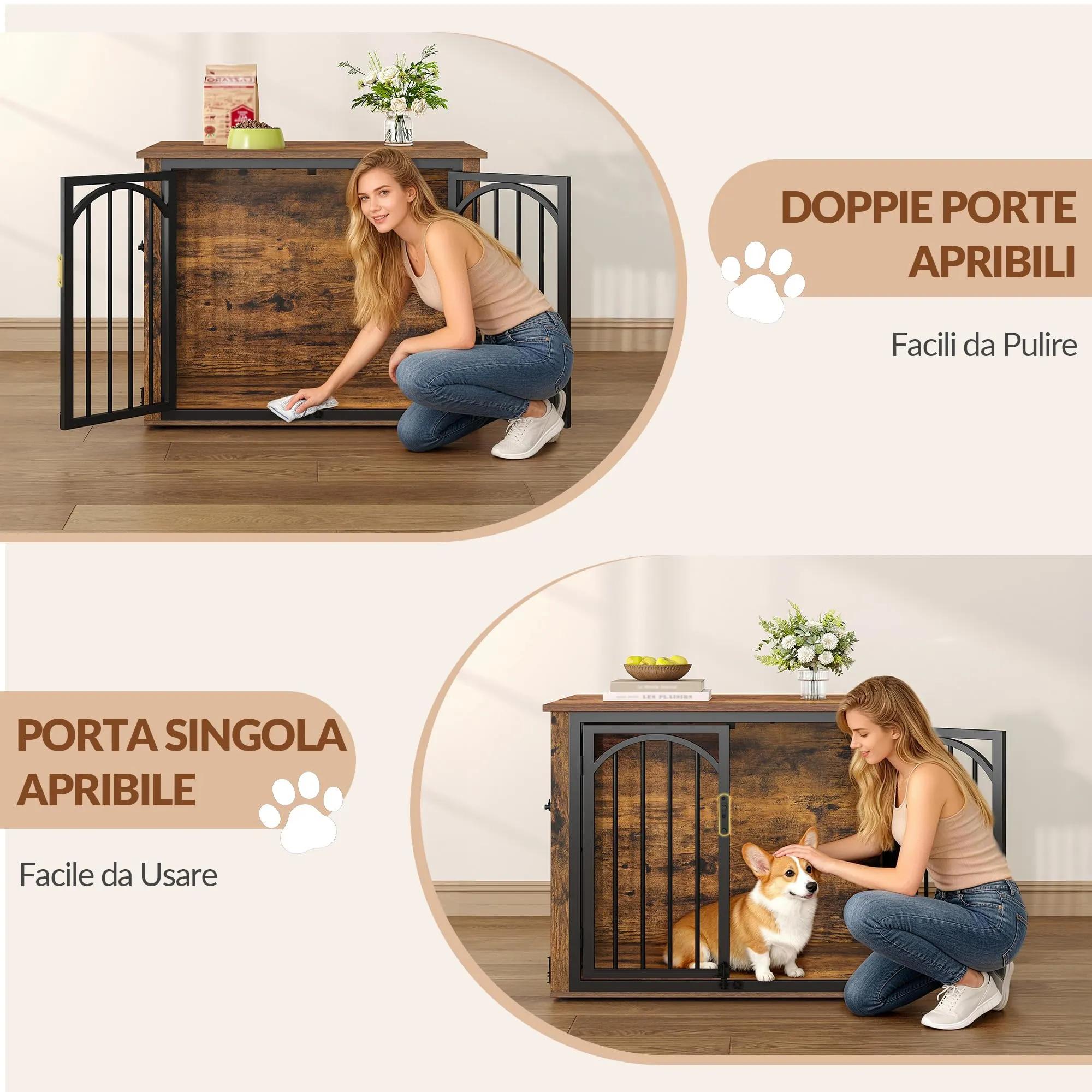 Fobyfurny Gabbia per Cani, 80 x 60 x 63 cm, Marrone Rustico e Nero - immagine 2