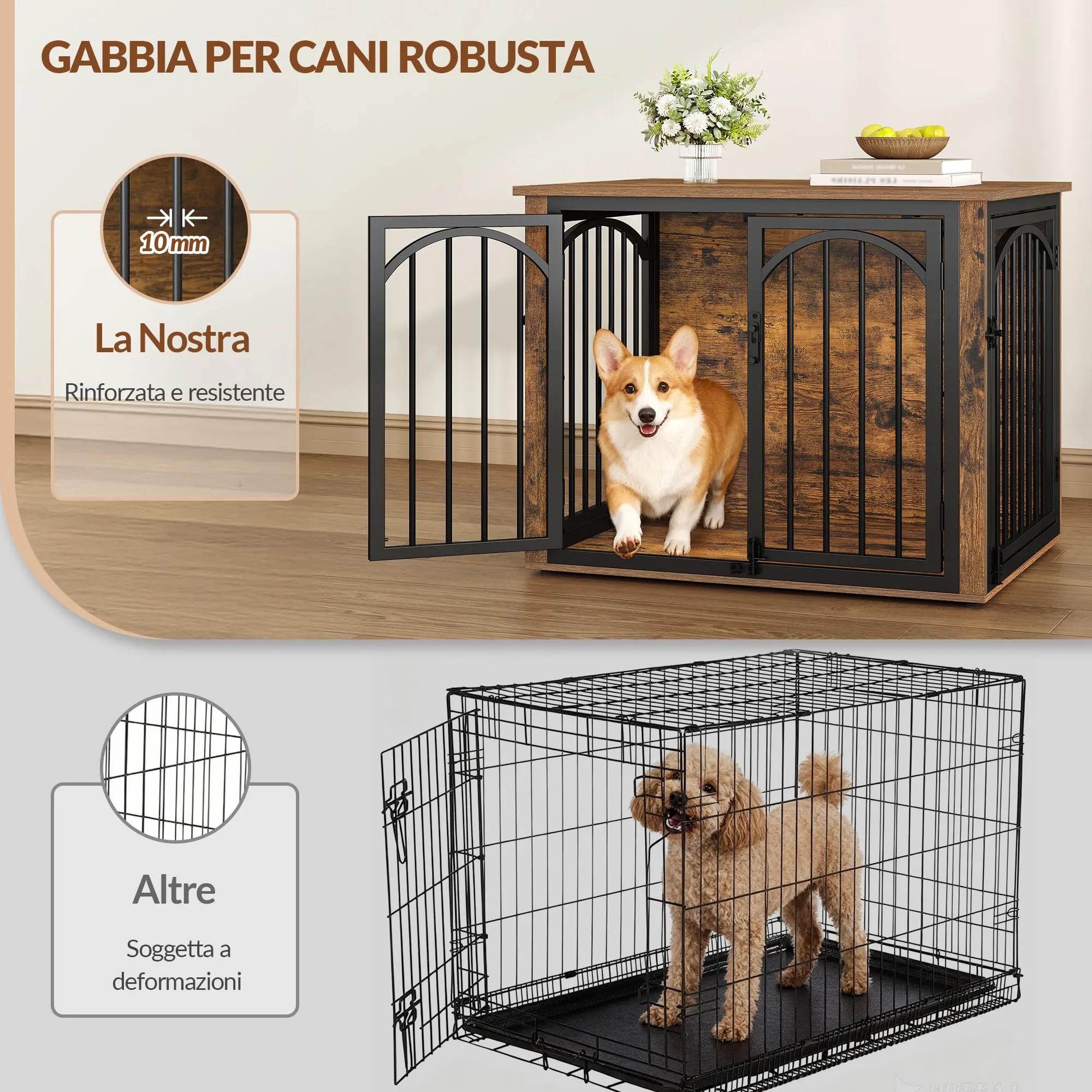 Fobyfurny Gabbia per Cani, 80 x 60 x 63 cm, Marrone Rustico e Nero - immagine 4