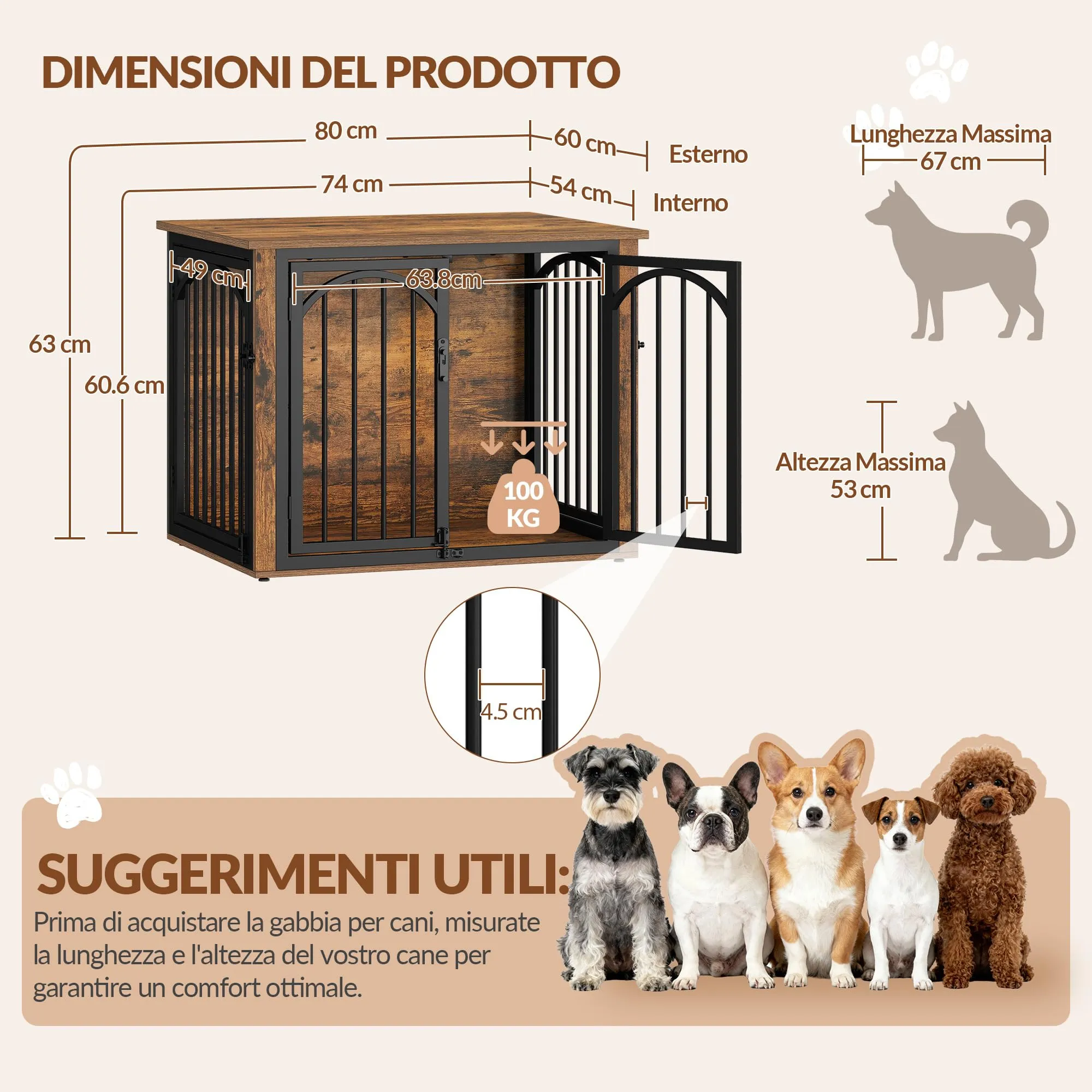 Fobyfurny Gabbia per Cani, 80 x 60 x 63 cm, Marrone Rustico e Nero - immagine 5