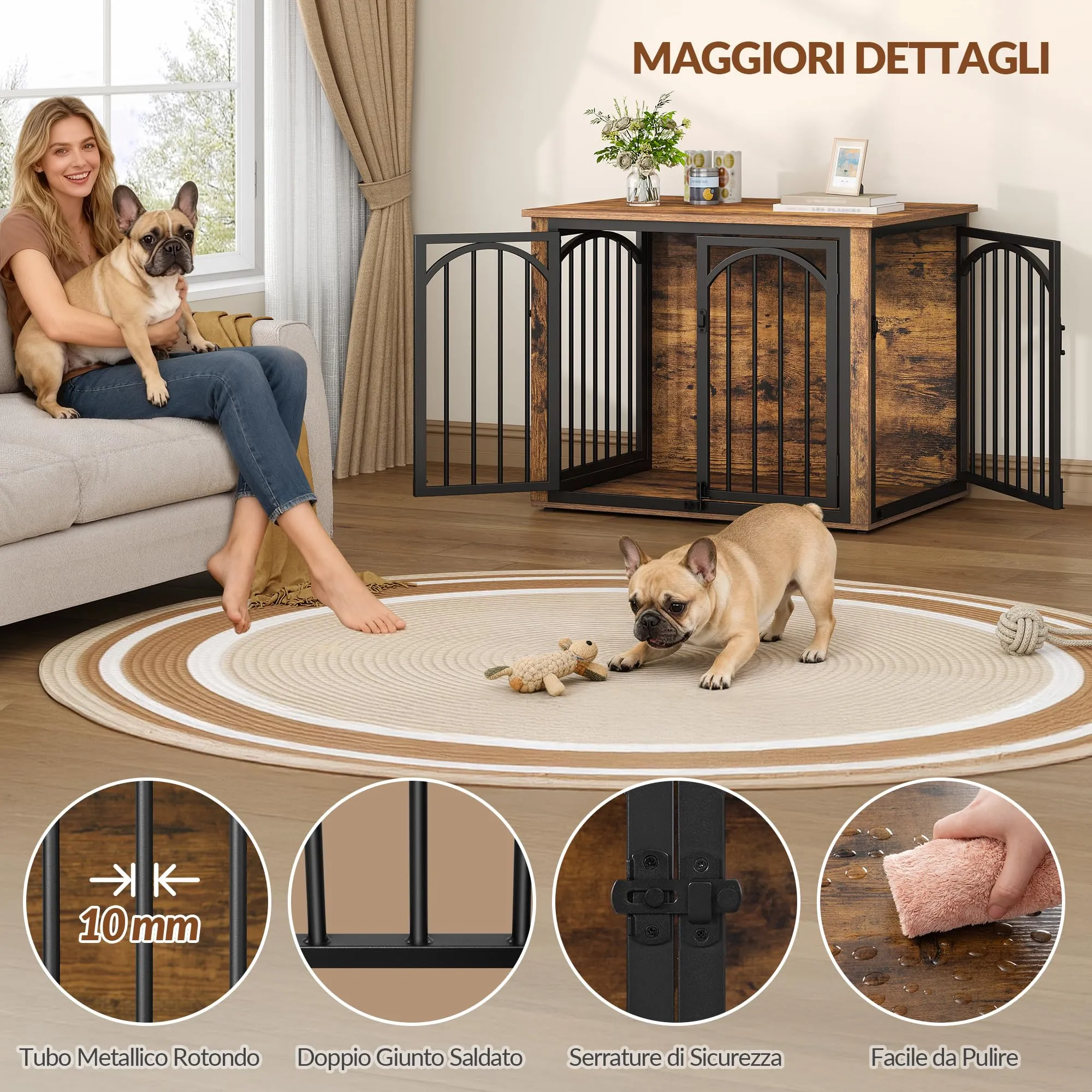 Fobyfurny Gabbia per Cani, 80 x 60 x 63 cm, Marrone Rustico e Nero - immagine 6