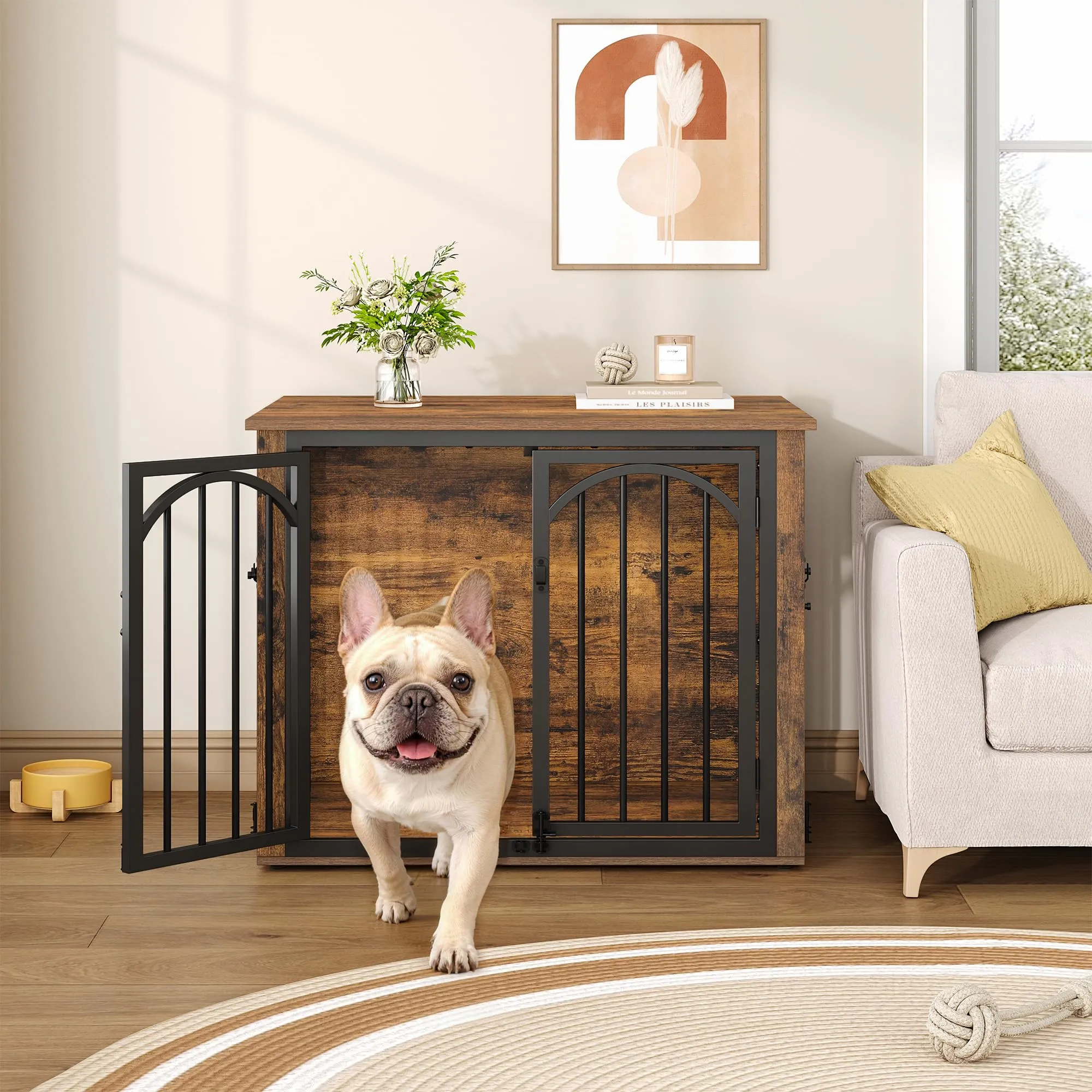 Fobyfurny Gabbia per Cani, 80 x 60 x 63 cm, Marrone Rustico e Nero - immagine 7