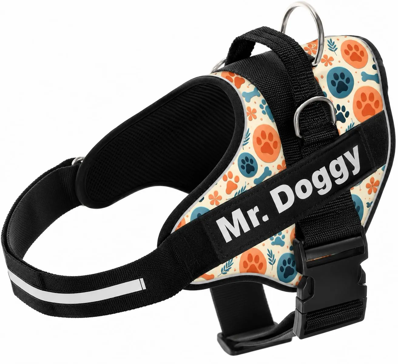 SUPER DOGGY Pettorina Cane Personalizzata con Nome – Antitrazione, Riflettente e Regolabile – Include 2 Targhette Velcro - Taglia Piccola, Media e Grande (Bones & Paws, L 21-32KG) - immagine 1