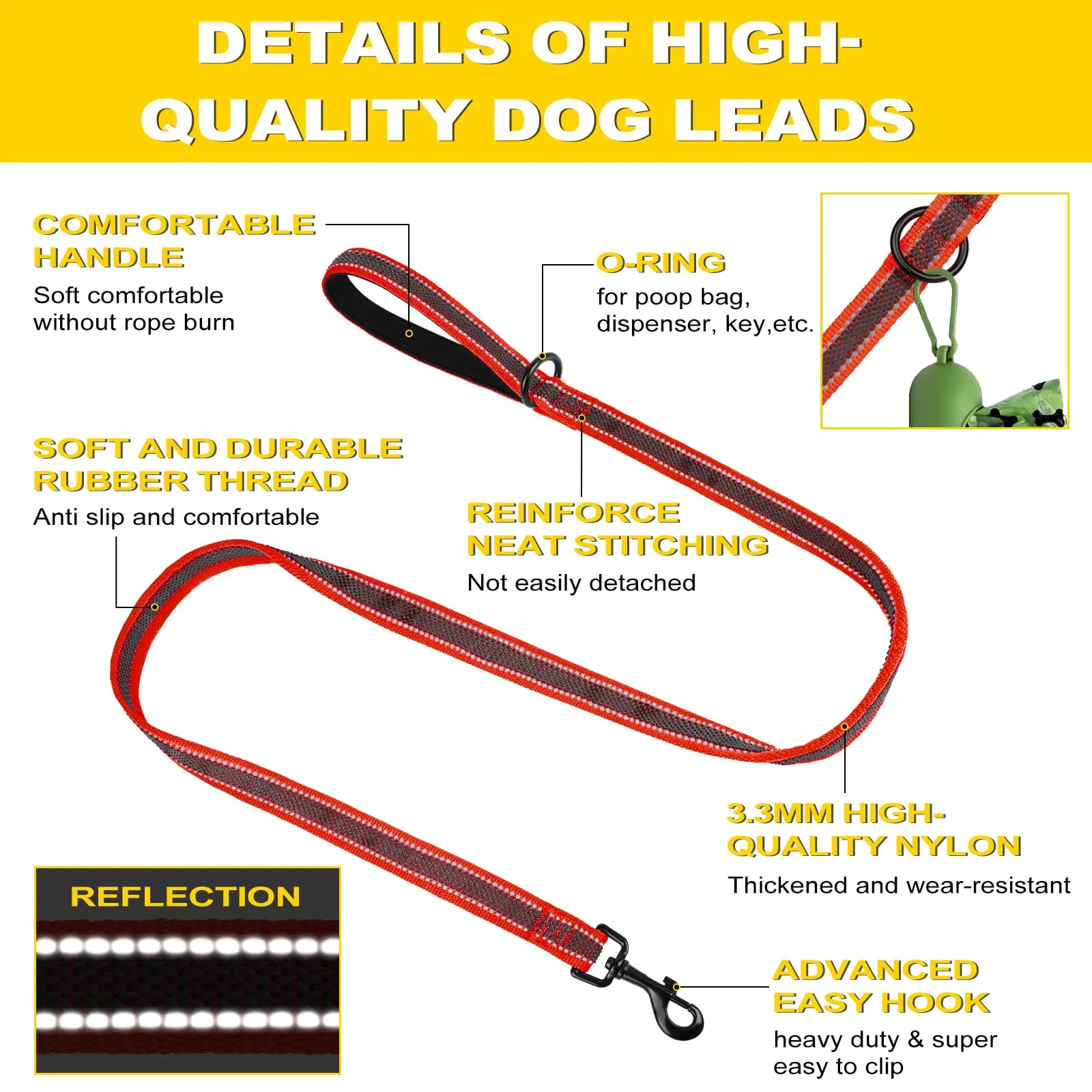 X XBEN Guinzaglio per Cani, 20MM-2,2M Guinzaglio Riflettente Resistente con Manico Imbottito, Guinzaglio Addestramento per per Cuccioli, Piccoli, Medi e Grandi, Con Fili di Gomma Morbida, Rosso - immagine 3