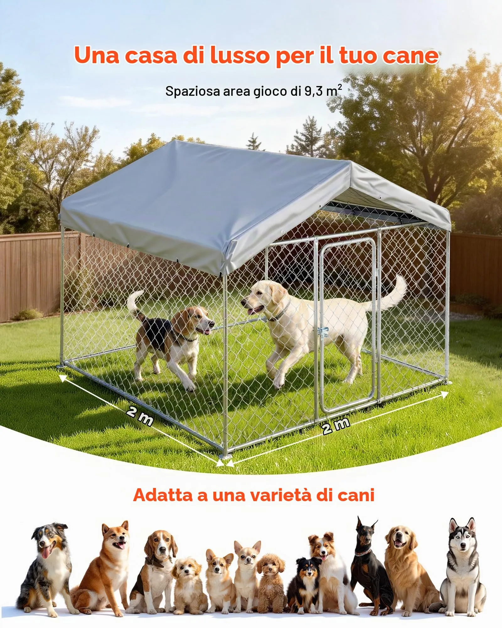 VEVOR Recinto per Cani da Esterno con Serratura di Sicurezza e Copertura Impermeabile Anti UV, Canile di Grandi Dimensioni 2x2x1,6m, Gabbia per Animali Domestici Resistente per Cani di Grande Taglia - immagine 4