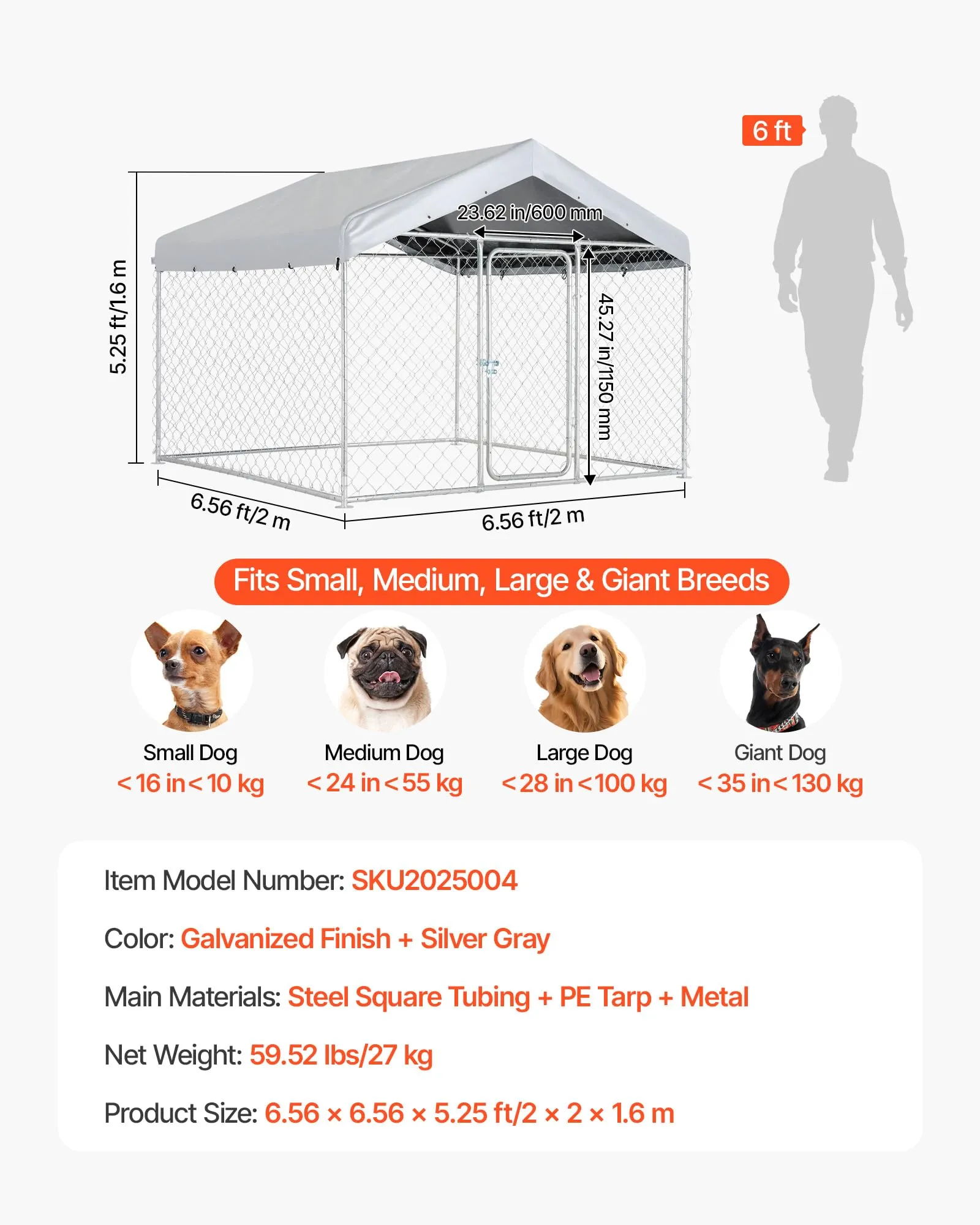 VEVOR Recinto per Cani da Esterno con Serratura di Sicurezza e Copertura Impermeabile Anti UV, Canile di Grandi Dimensioni 2x2x1,6m, Gabbia per Animali Domestici Resistente per Cani di Grande Taglia - immagine 7