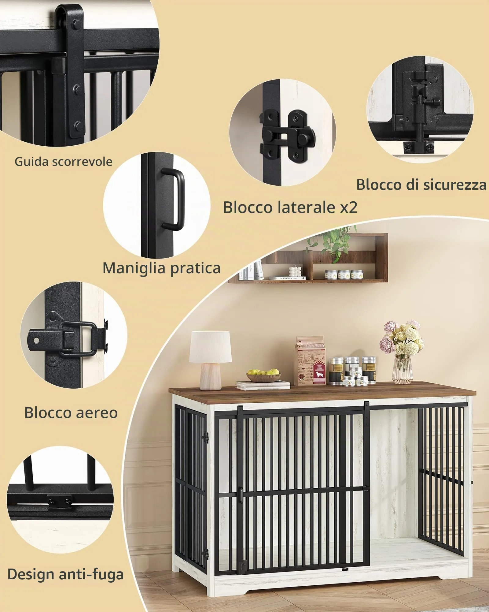 Hzuaneri Gabbia Per Cani, 119 Cm, XXL, Doppia Porta, Bianco e Marrone - immagine 5