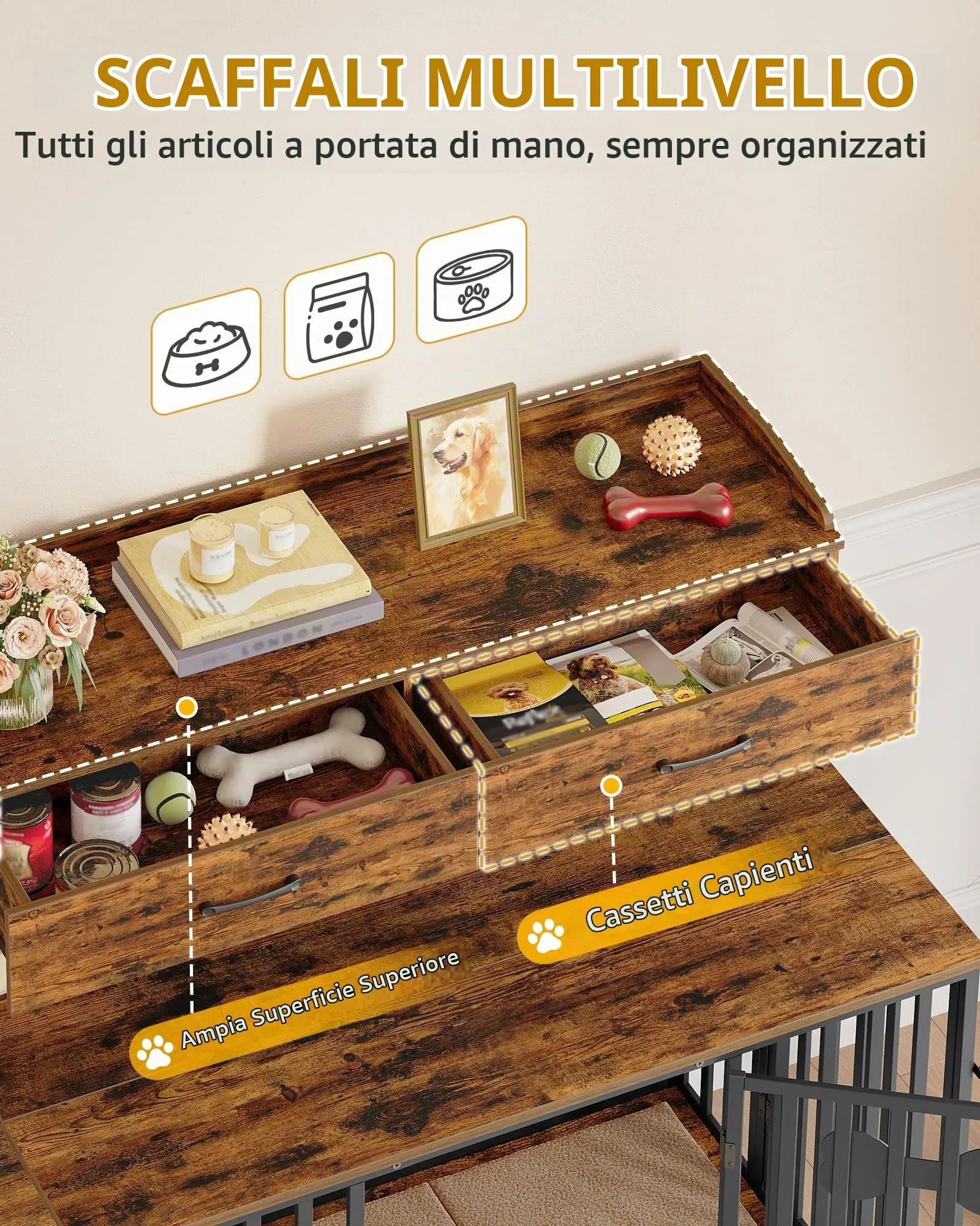 Hzuaneri Mobile Gabbia Cane, Cuccia Interno Ripostiglio, Marrone Vintage - immagine 3