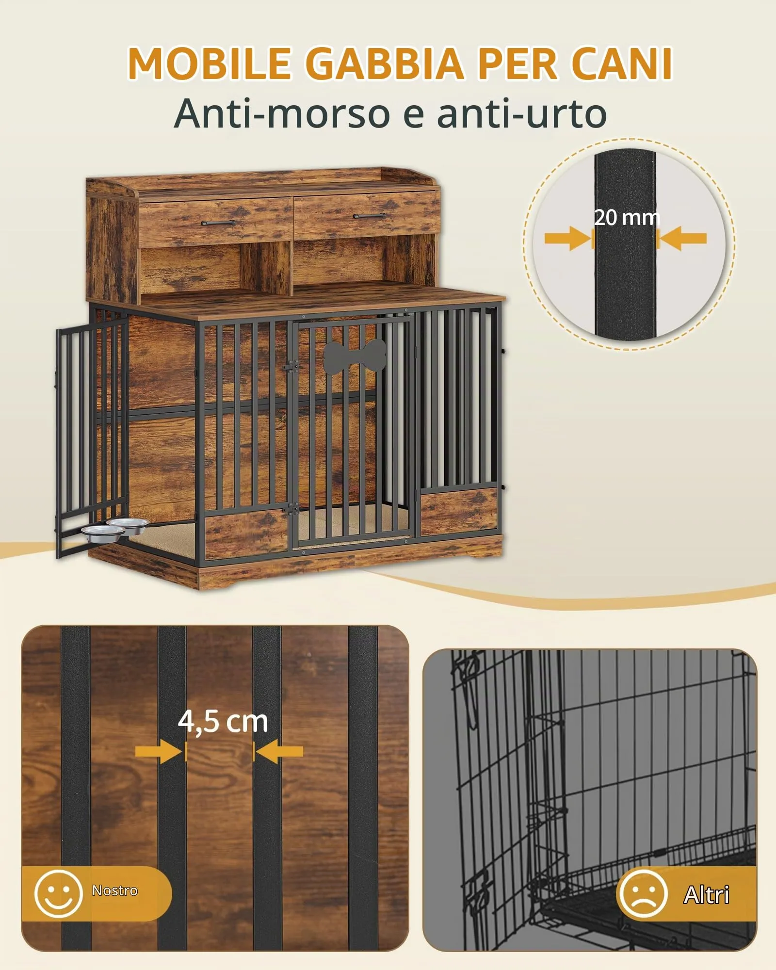 Hzuaneri Mobile Gabbia Cane, Cuccia Interno Ripostiglio, Marrone Vintage - immagine 8