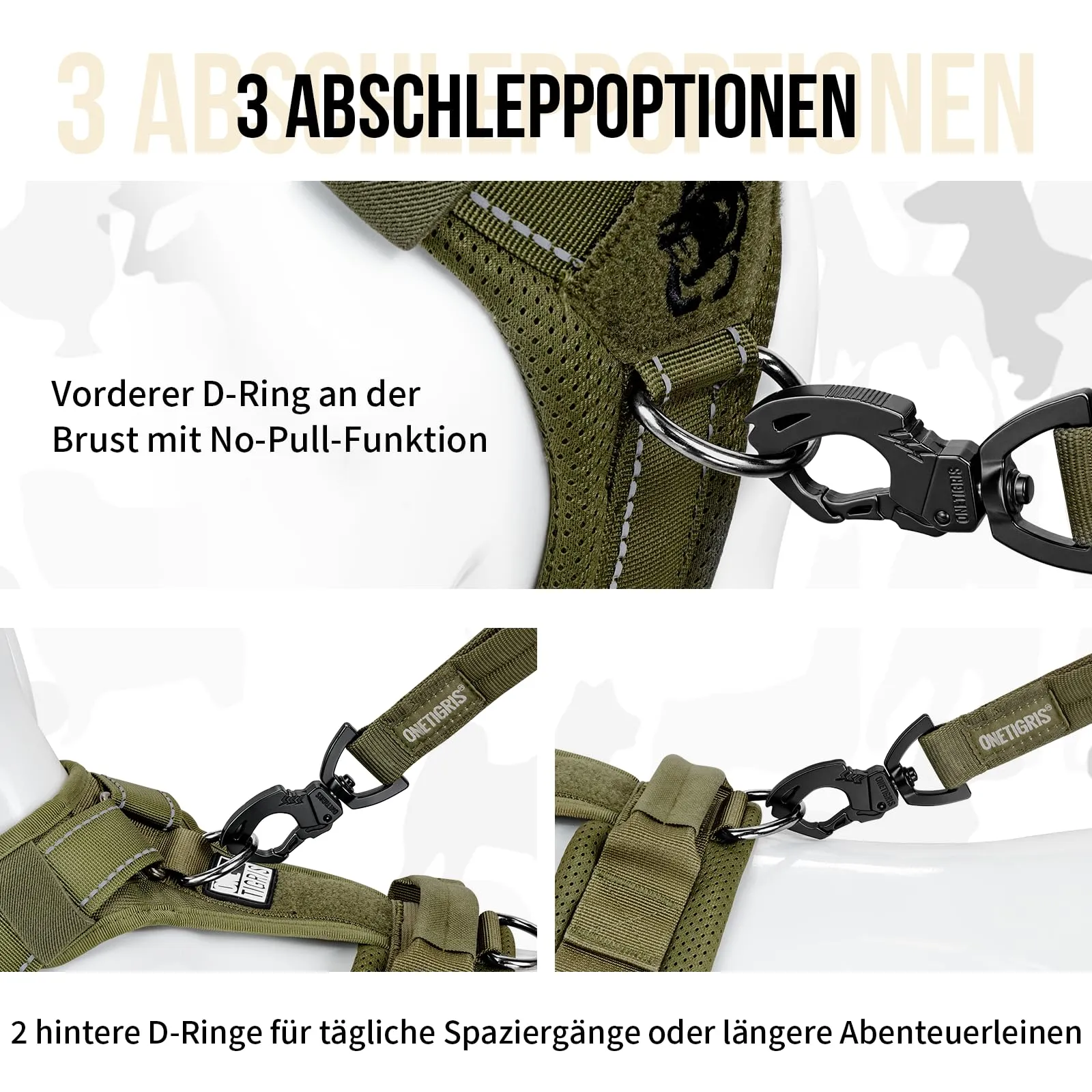 OneTigris Diesel - Pettorina per cani, regolabile, tattica, morbida imbottita, per cani di taglia media e grande, riflettente, 1 maniglia, 3 anelli a D (verde, XL) - immagine 3