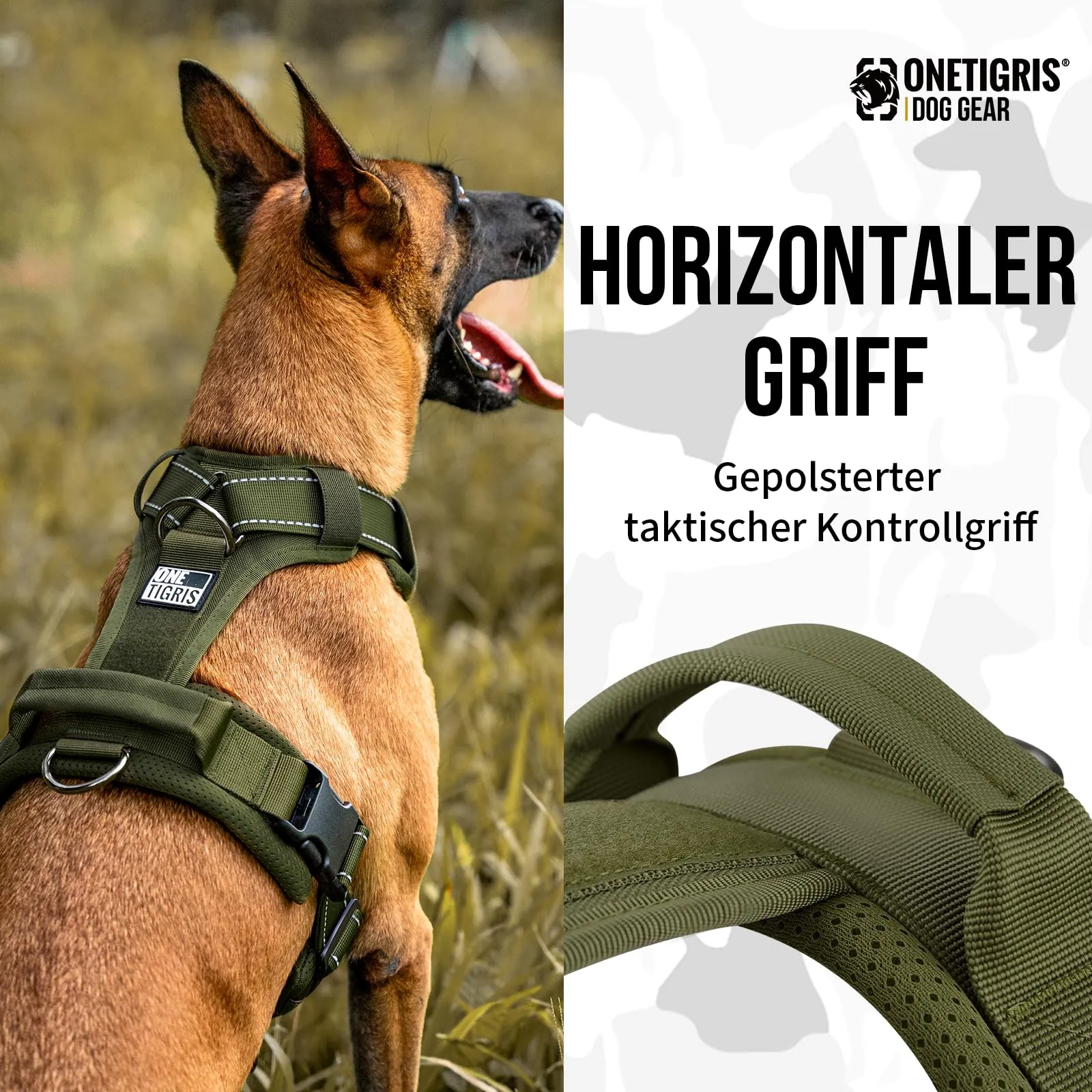 OneTigris Diesel - Pettorina per cani, regolabile, tattica, morbida imbottita, per cani di taglia media e grande, riflettente, 1 maniglia, 3 anelli a D (verde, XL) - immagine 5