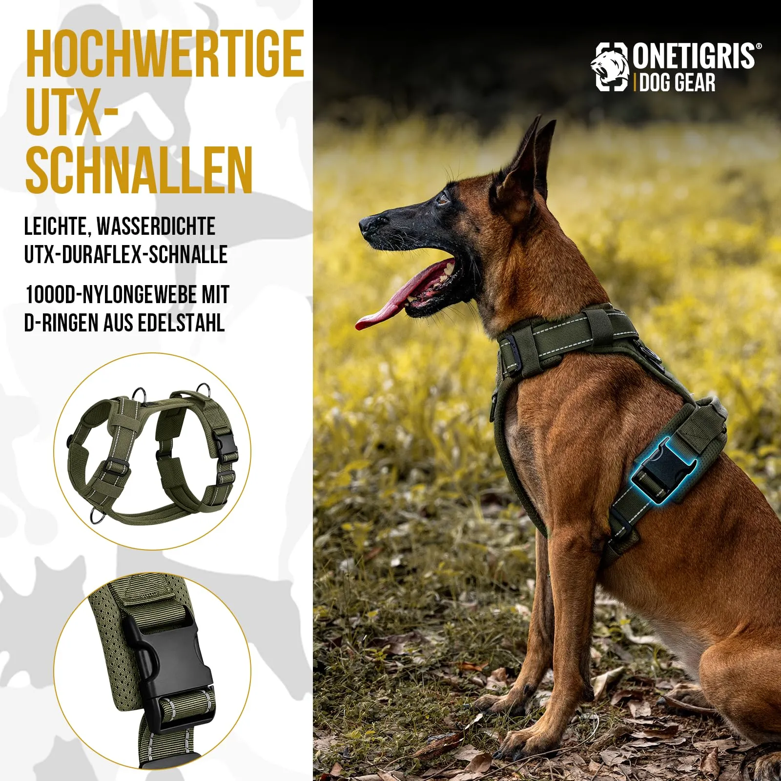 OneTigris Diesel - Pettorina per cani, regolabile, tattica, morbida imbottita, per cani di taglia media e grande, riflettente, 1 maniglia, 3 anelli a D (verde, XL) - immagine 8