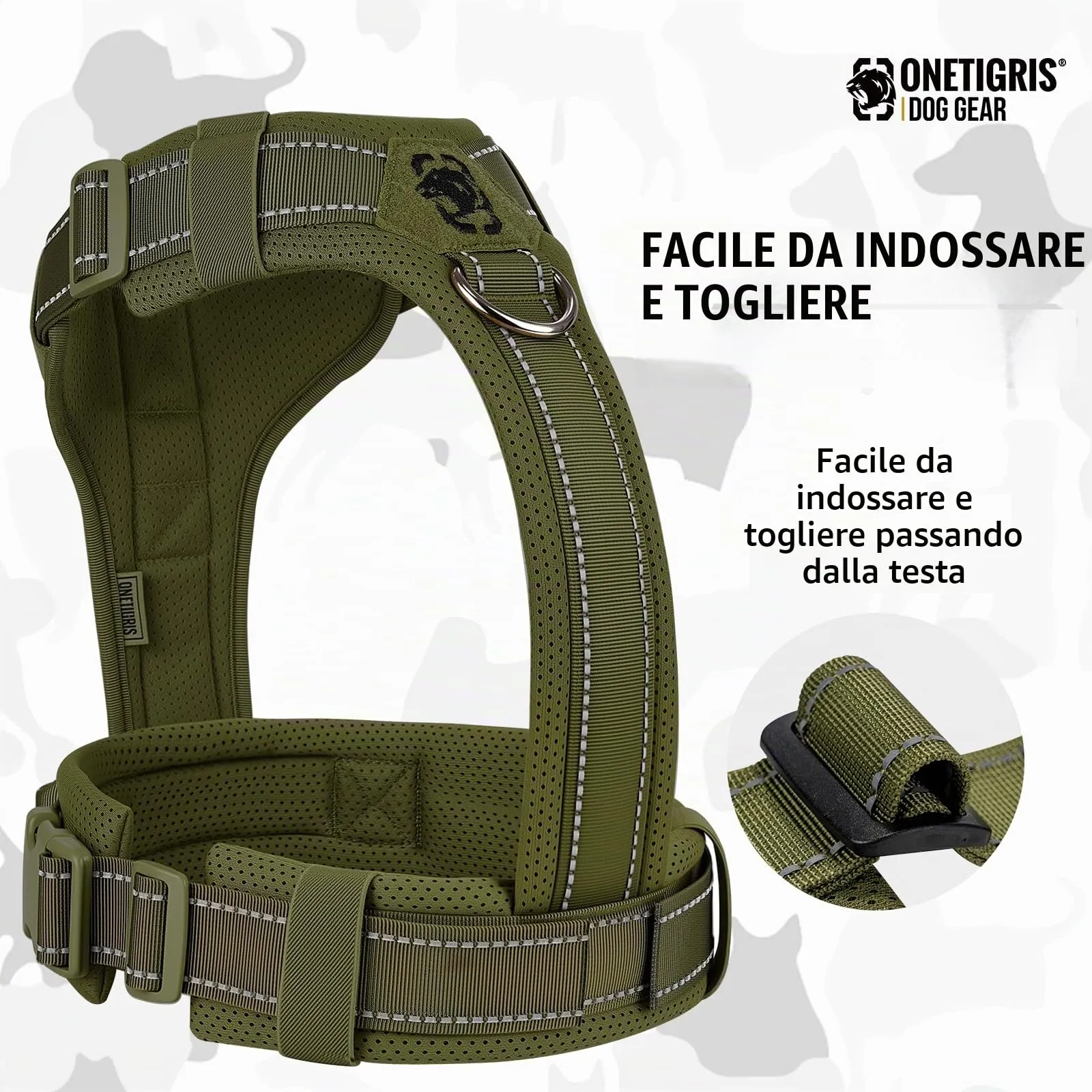 OneTigris Diesel - Pettorina per cani, regolabile, tattica, morbida imbottita, per cani di taglia media e grande, riflettente, 1 maniglia, 3 anelli a D (verde, L) - immagine 4