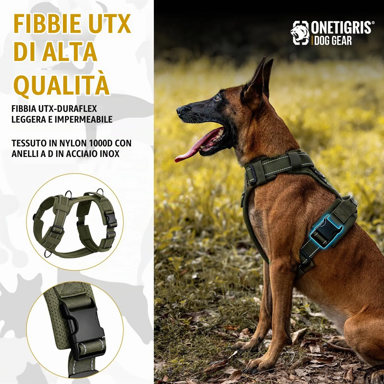 OneTigris Diesel - Pettorina per cani, regolabile, tattica, morbida imbottita, per cani di taglia media e grande, riflettente, 1 maniglia, 3 anelli a D (verde, L) - immagine 8