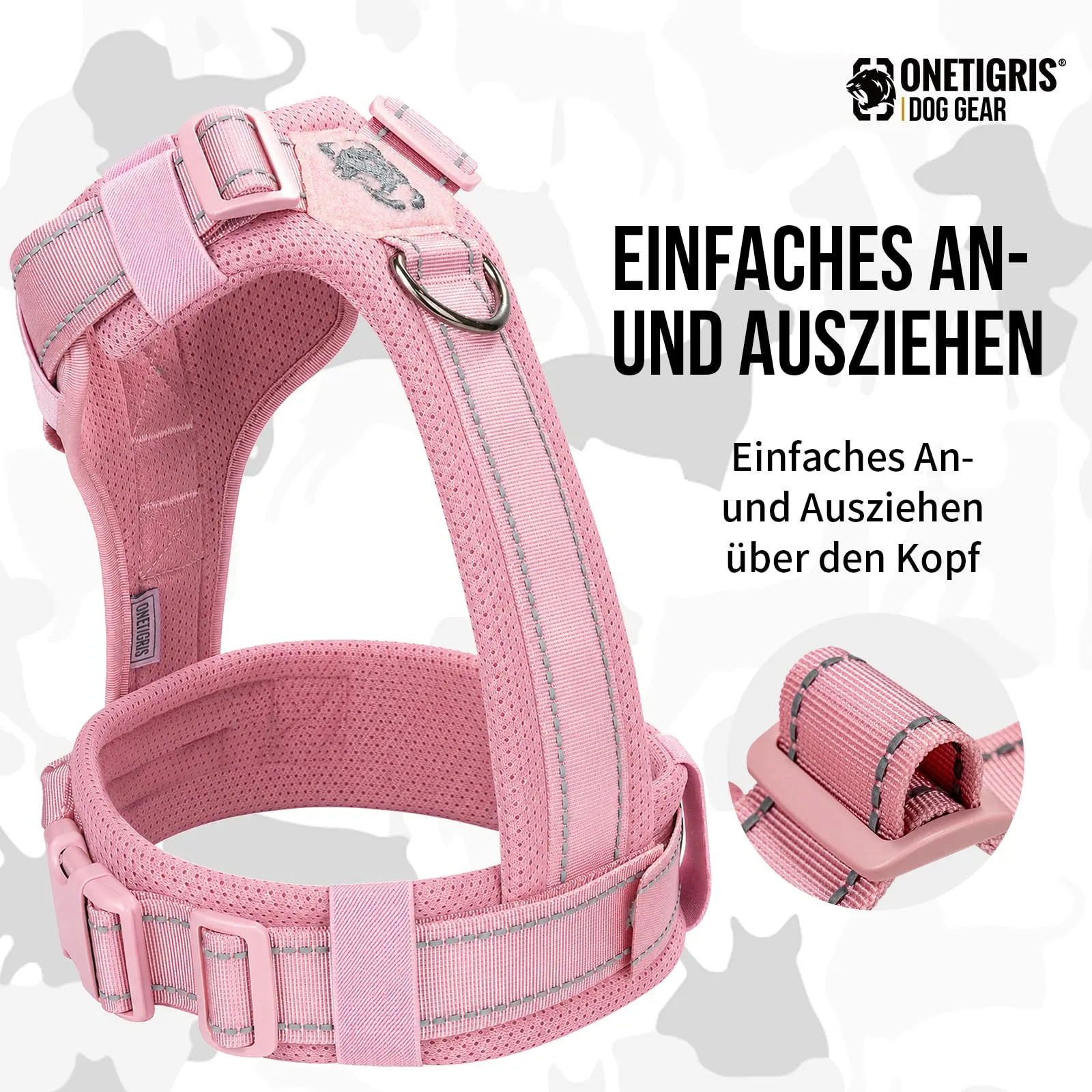 OneTigris Diesel - Pettorina per cani, regolabile, tattica, morbida imbottita, per cani di taglia media e grande, riflettente, 1 maniglia, 3 anelli a D (rosa, XL) - immagine 4