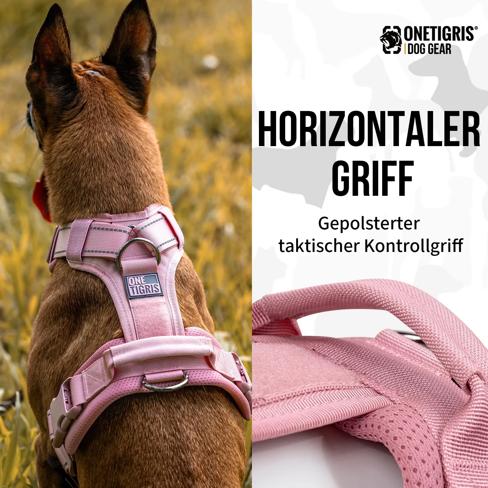 OneTigris Diesel - Pettorina per cani, regolabile, tattica, morbida imbottita, per cani di taglia media e grande, riflettente, 1 maniglia, 3 anelli a D (rosa, XL) - immagine 5