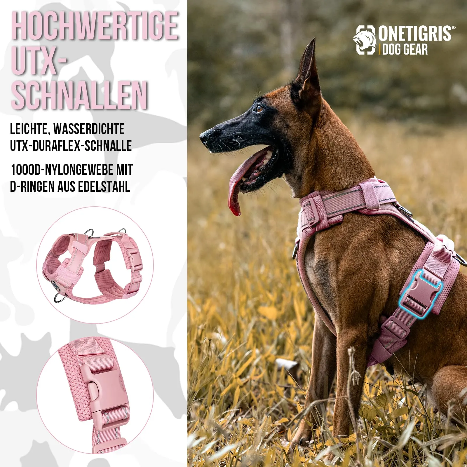 OneTigris Diesel - Pettorina per cani, regolabile, tattica, morbida imbottita, per cani di taglia media e grande, riflettente, 1 maniglia, 3 anelli a D (rosa, XL) - immagine 8