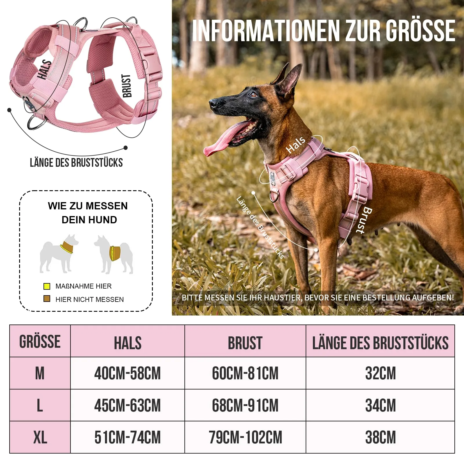 OneTigris Diesel - Pettorina per cani, regolabile, tattica, morbida imbottita, per cani di taglia media e grande, riflettente, 1 maniglia, 3 anelli a D (rosa, L) - immagine 2
