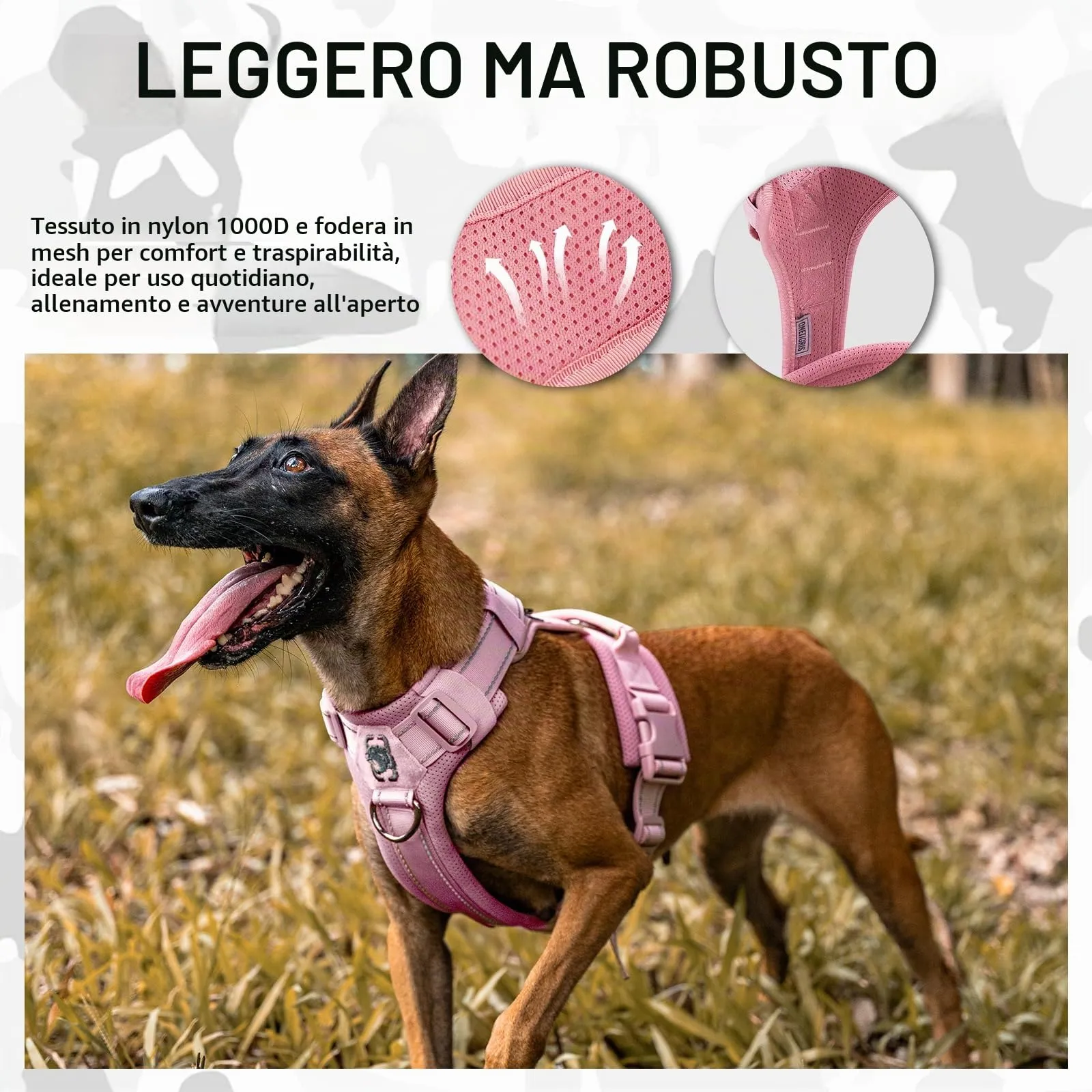 OneTigris Diesel - Pettorina per cani, regolabile, tattica, morbida imbottita, per cani di taglia media e grande, riflettente, 1 maniglia, 3 anelli a D (rosa, L) - immagine 7