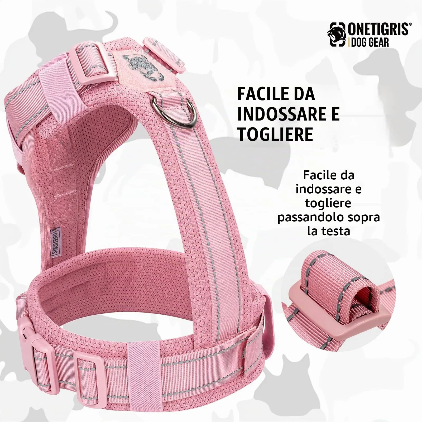 OneTigris Diesel Pettorina tattica regolabile per cani di taglia media e grande, riflettente, 1 manico, 3 anelli a D (rosa, M) - immagine 4