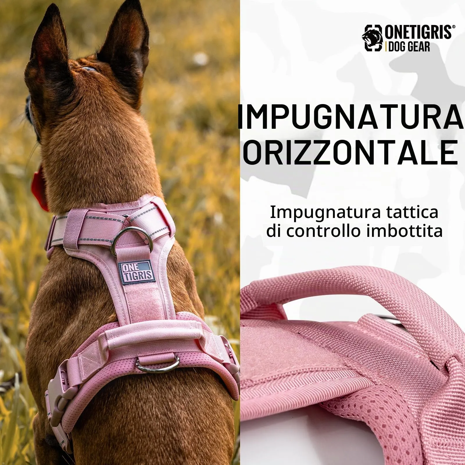 OneTigris Diesel Pettorina tattica regolabile per cani di taglia media e grande, riflettente, 1 manico, 3 anelli a D (rosa, M) - immagine 5