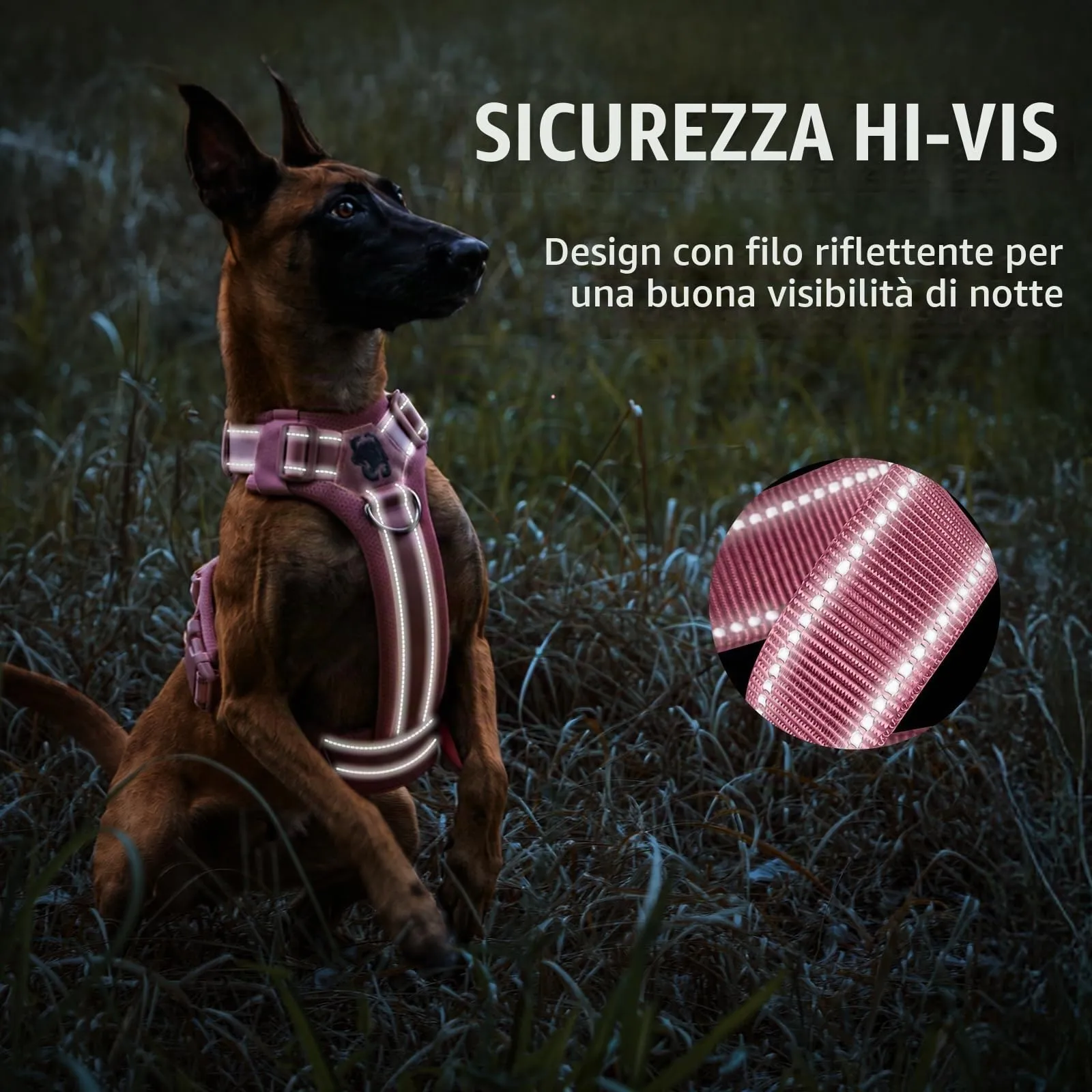 OneTigris Diesel Pettorina tattica regolabile per cani di taglia media e grande, riflettente, 1 manico, 3 anelli a D (rosa, M) - immagine 6
