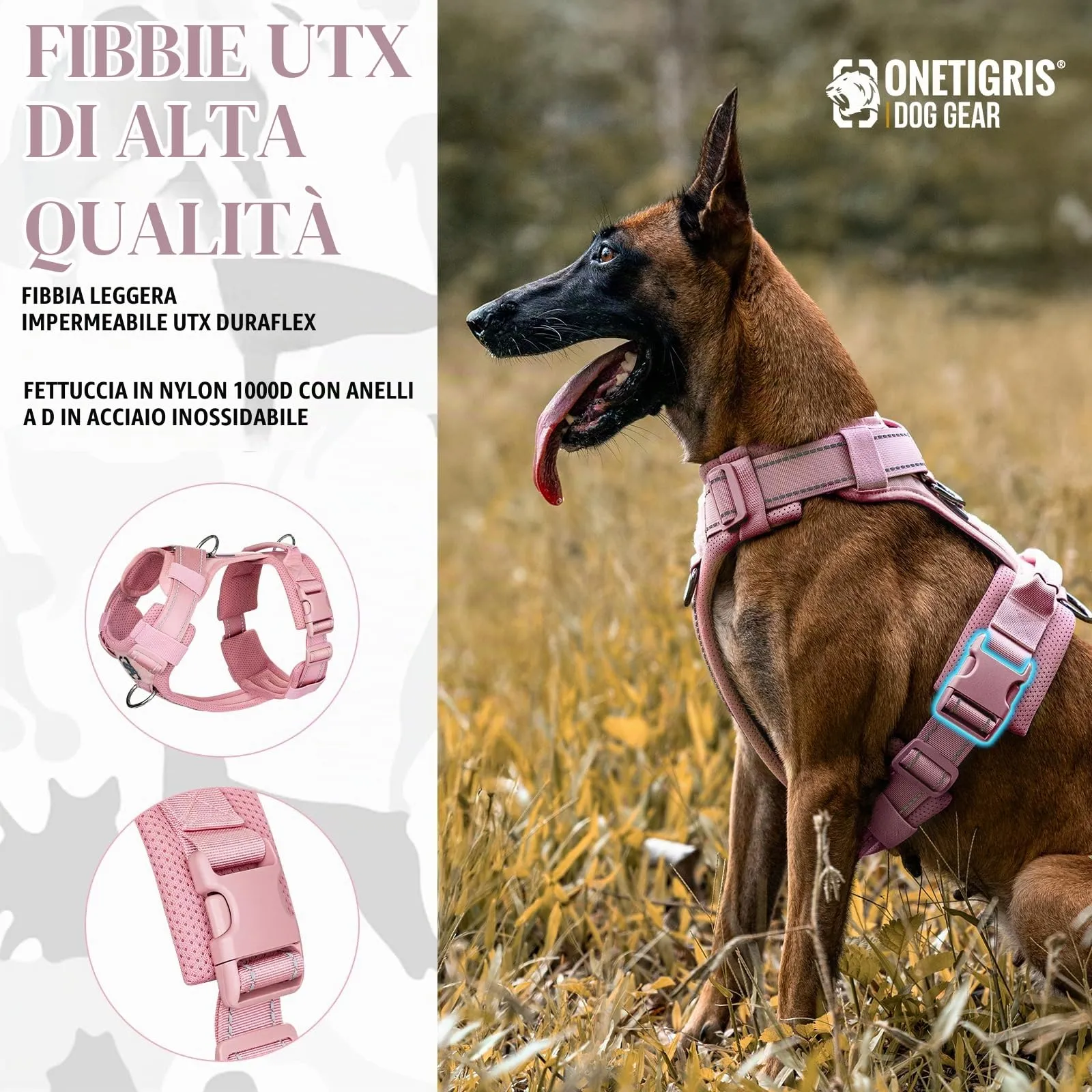 OneTigris Diesel Pettorina tattica regolabile per cani di taglia media e grande, riflettente, 1 manico, 3 anelli a D (rosa, M) - immagine 8