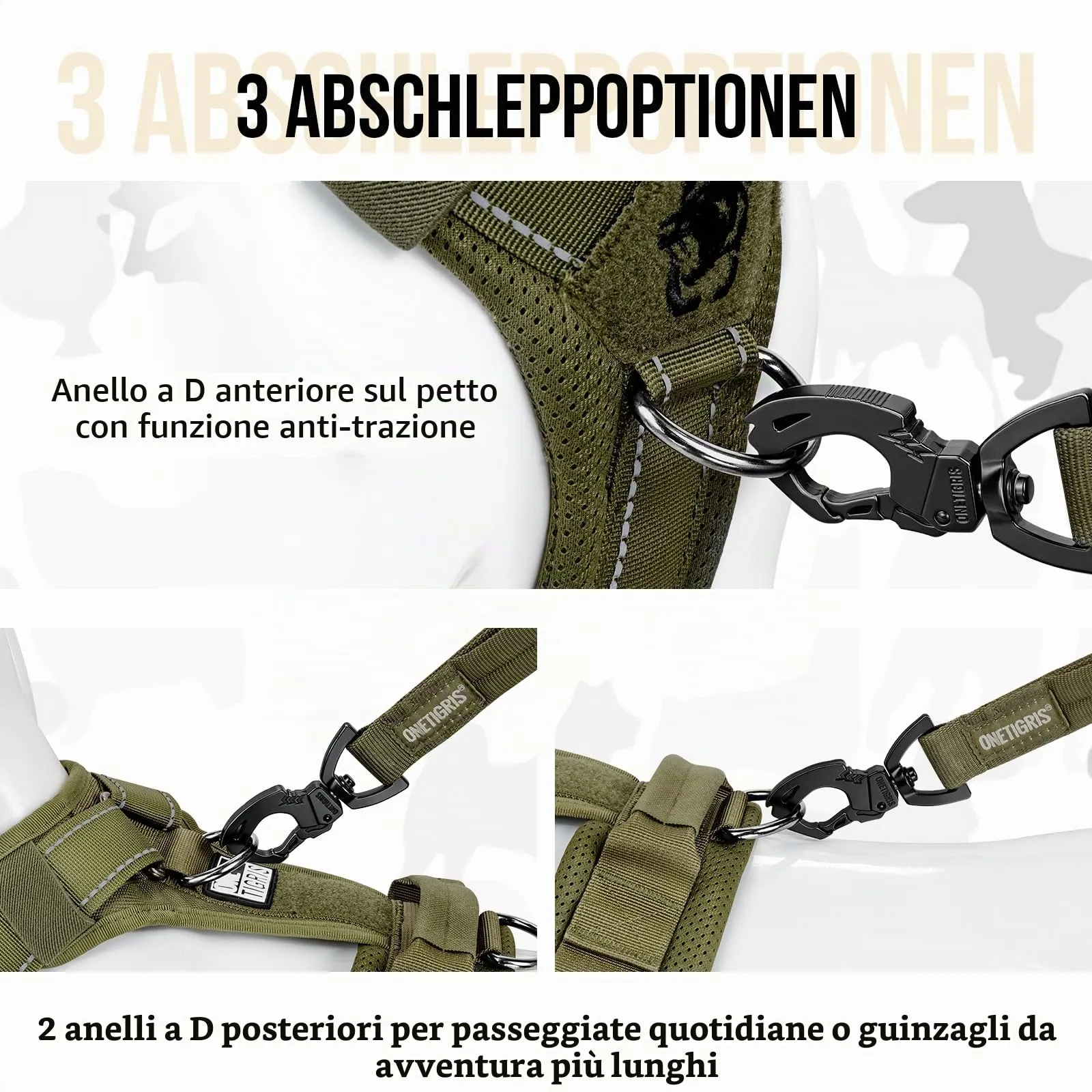 OneTigris Pettorina tattica regolabile con Diesel, morbida pettorina per cani di taglia media e grande, riflettente, 1 maniglia, 3 anelli a D (verde, M) - immagine 3