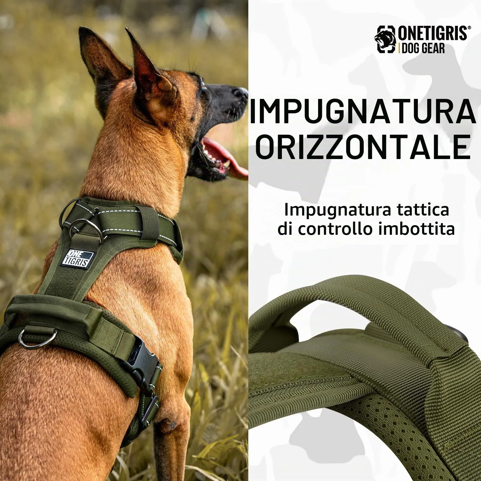 OneTigris Pettorina tattica regolabile con Diesel, morbida pettorina per cani di taglia media e grande, riflettente, 1 maniglia, 3 anelli a D (verde, M) - immagine 5