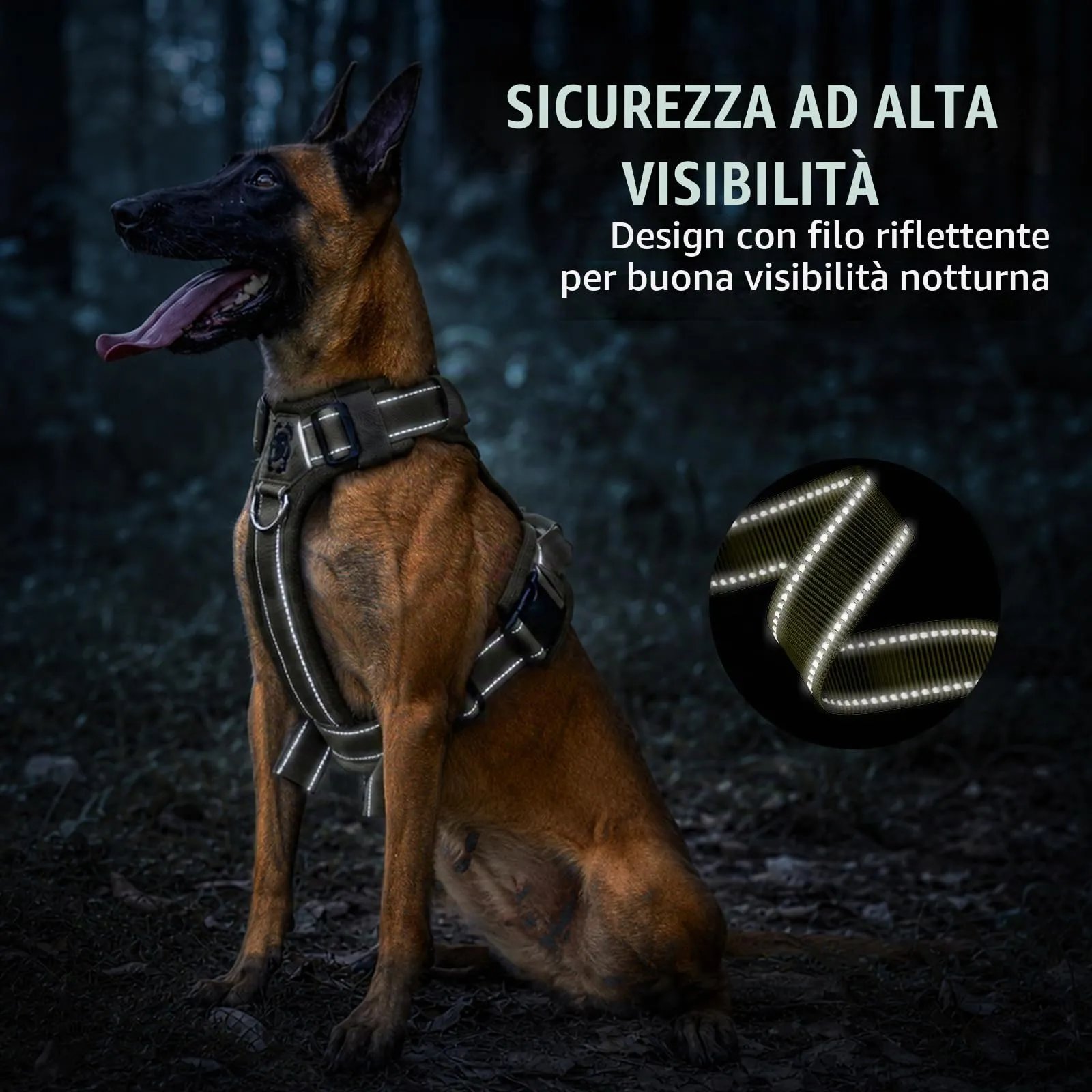 OneTigris Pettorina tattica regolabile con Diesel, morbida pettorina per cani di taglia media e grande, riflettente, 1 maniglia, 3 anelli a D (verde, M) - immagine 6