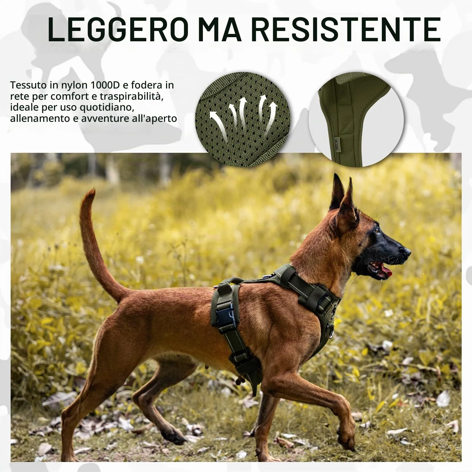 OneTigris Pettorina tattica regolabile con Diesel, morbida pettorina per cani di taglia media e grande, riflettente, 1 maniglia, 3 anelli a D (verde, M) - immagine 7