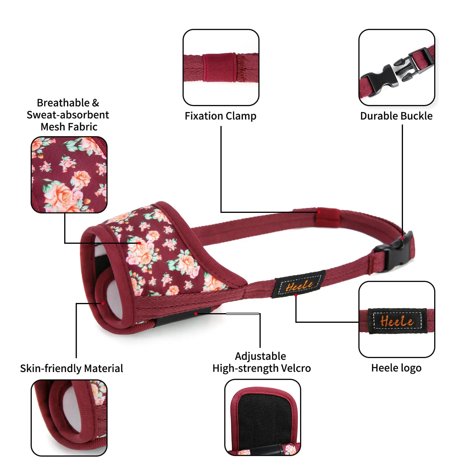 HEELE Museruola Cane con Motivo, Anti-Masticare, Fiore Rosso Borgogna, XS - immagine 2