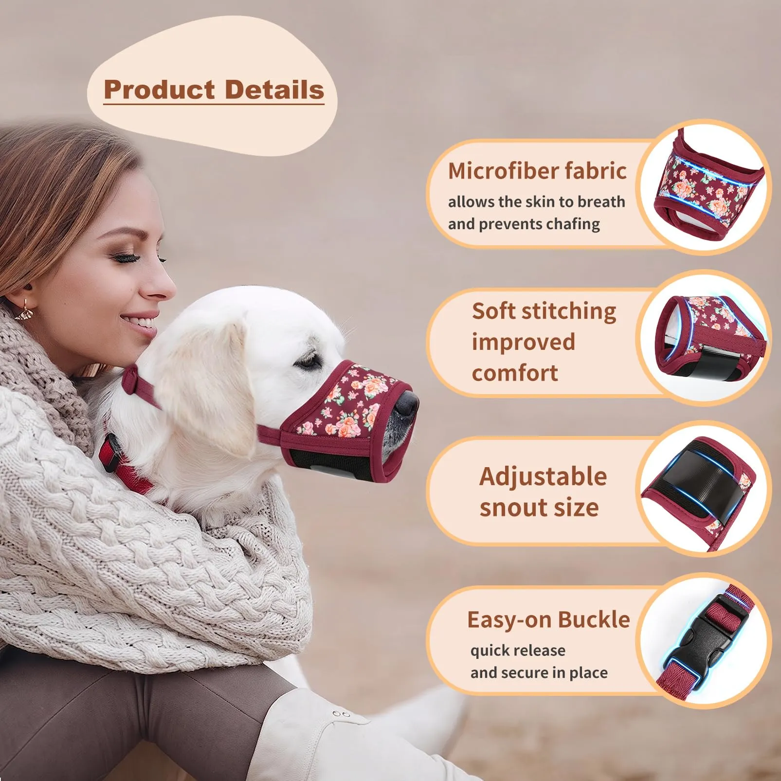 HEELE Museruola Cane con Motivo, Anti-Masticare, Fiore Rosso Borgogna, XS - immagine 5