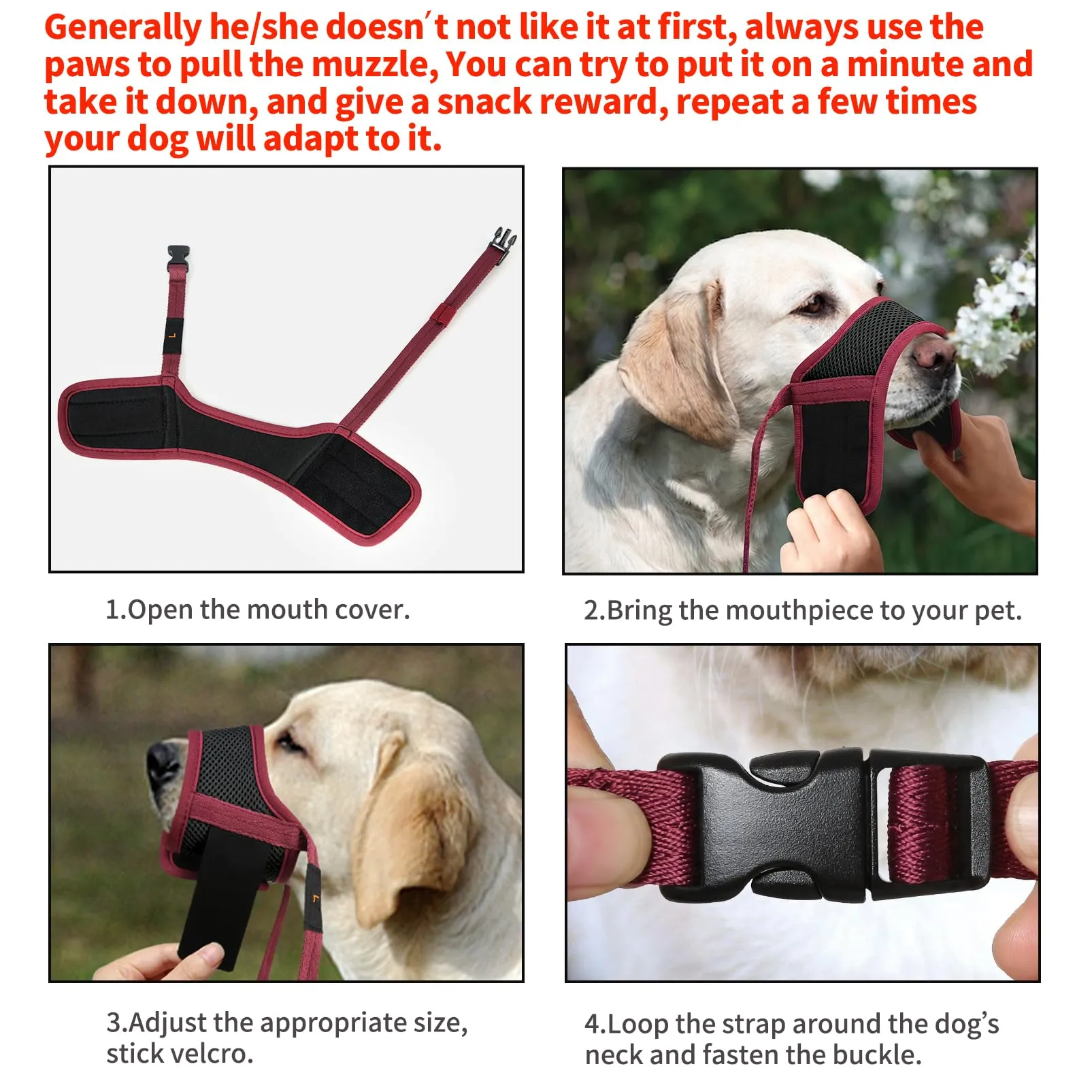 HEELE Museruola Cane in Nylon Regolabile, Antimorso, Rosso Borgogna, L - immagine 2