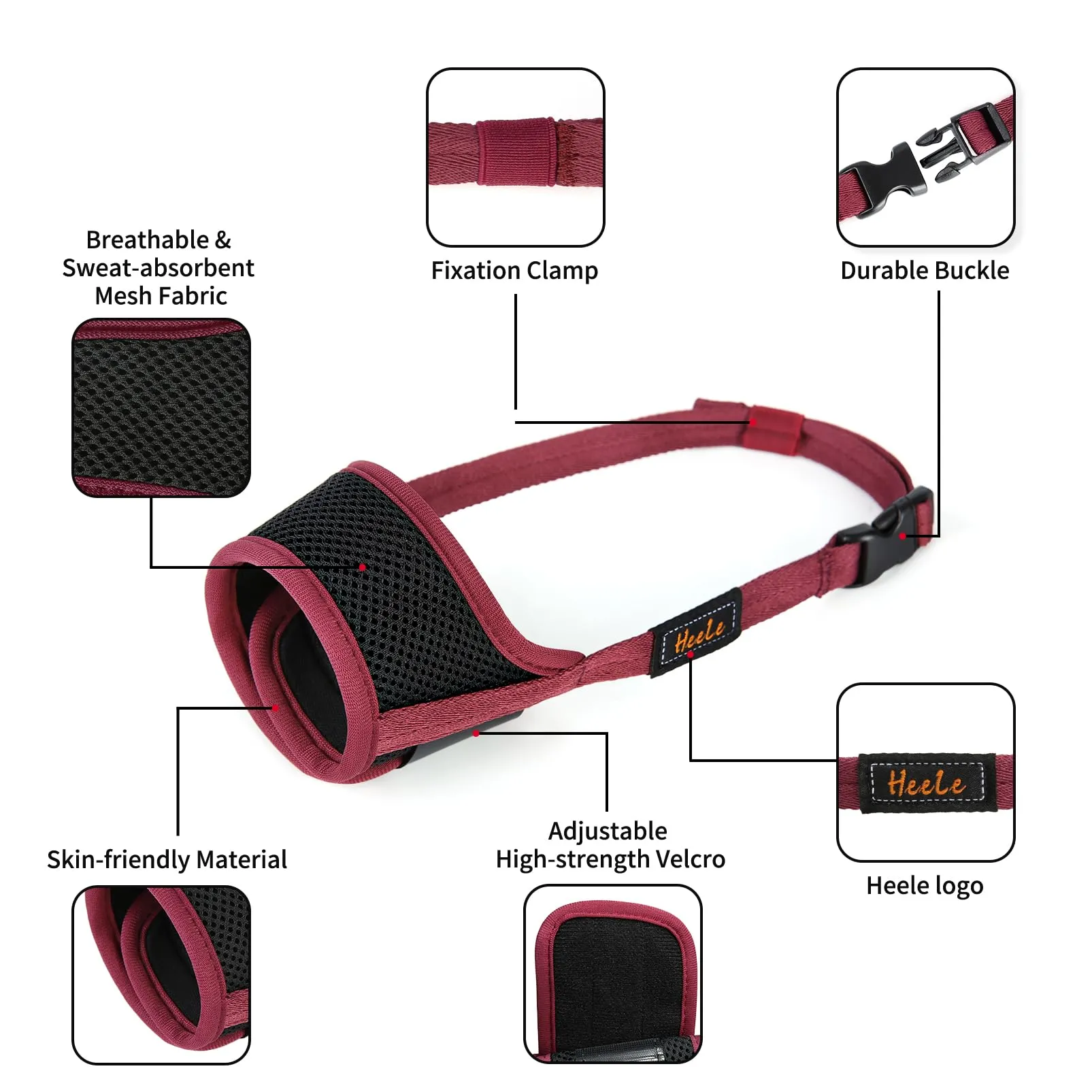 HEELE Museruola Cane in Nylon Regolabile Anti-Masticare, Rosso Borgogna, M - immagine 4