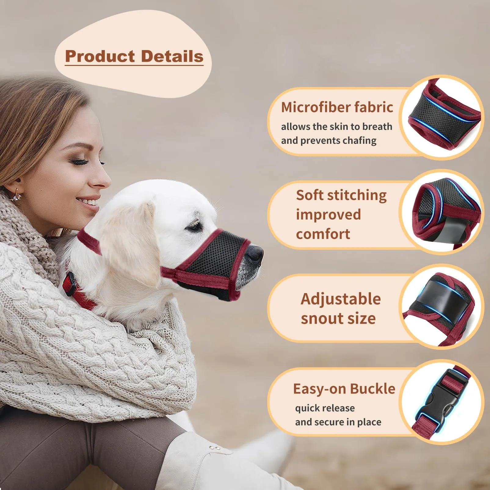 HEELE Museruola Cane in Nylon Regolabile Anti-Masticare, Rosso Borgogna, M - immagine 6