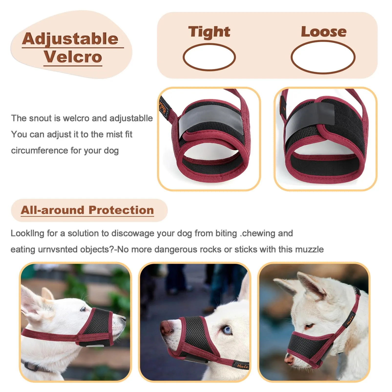HEELE Museruola Cane in Nylon Regolabile Anti-Masticare, Rosso Borgogna, S - immagine 3