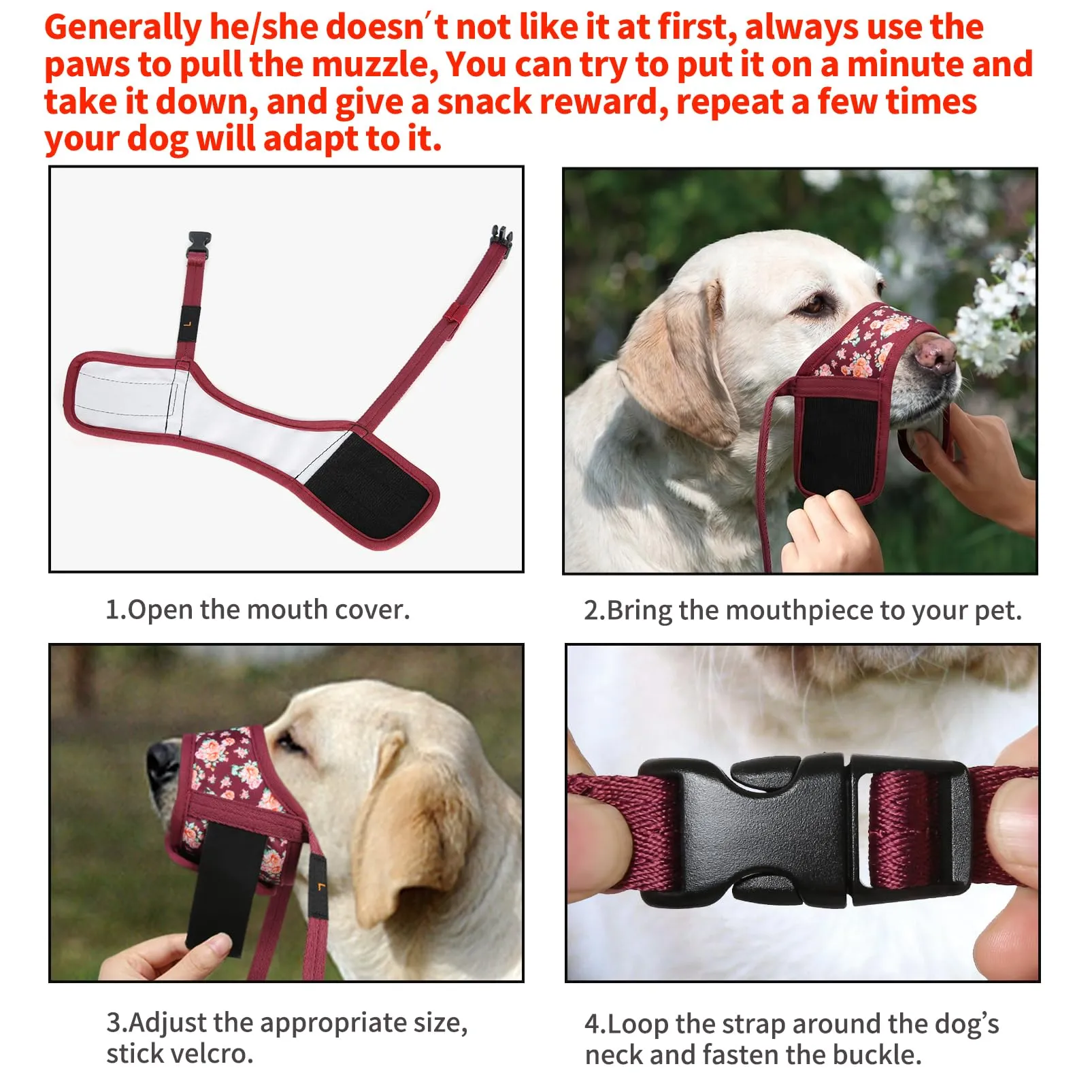 HEELE Museruola Cane con Motivo, Anti-Masticare, Fiore Rosso Borgogna, S - immagine 5