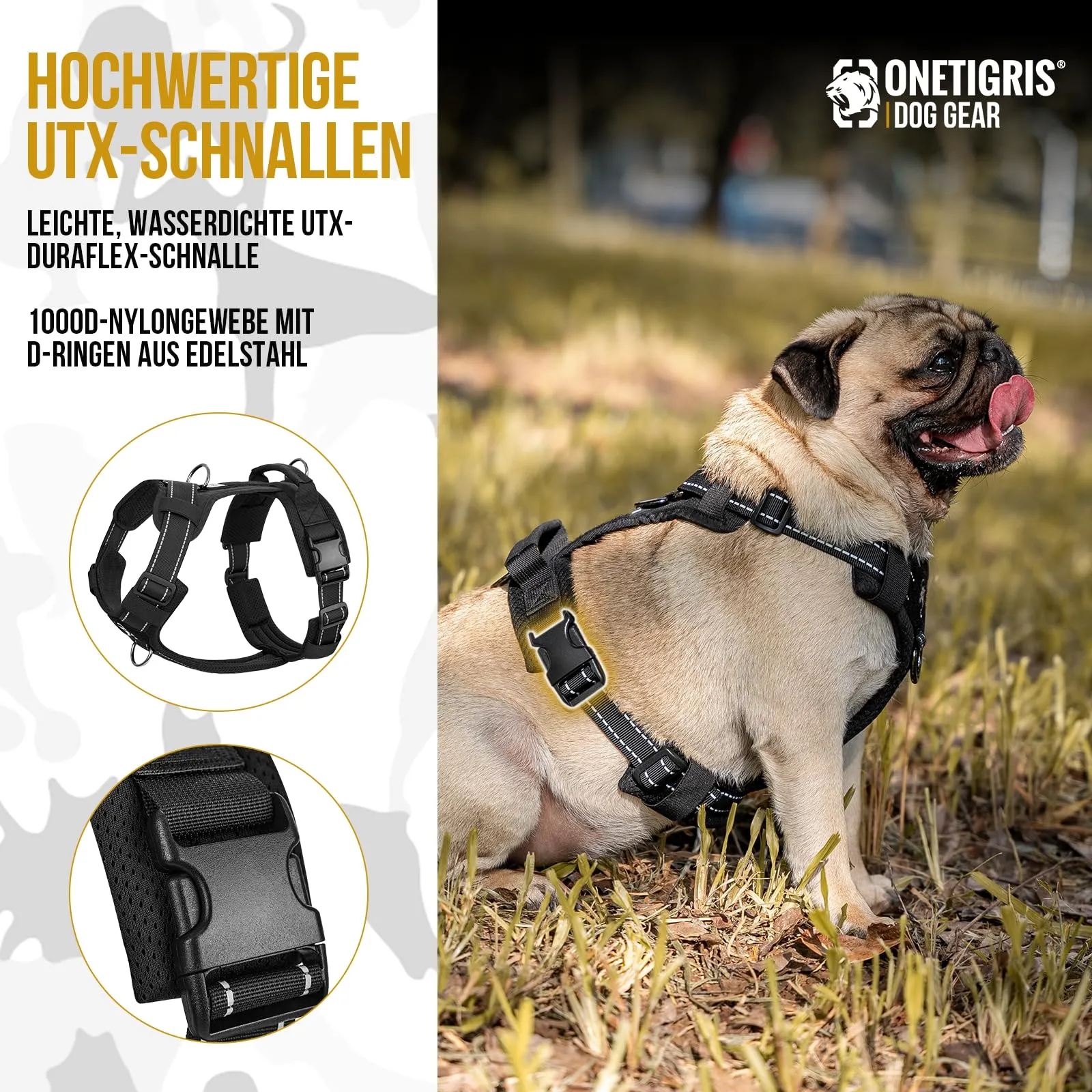 OneTigris Diesel Pettorina tattica regolabile per cani di taglia media e grande, riflettente, 1 manico, 3 anelli a D (nero, S) - immagine 8