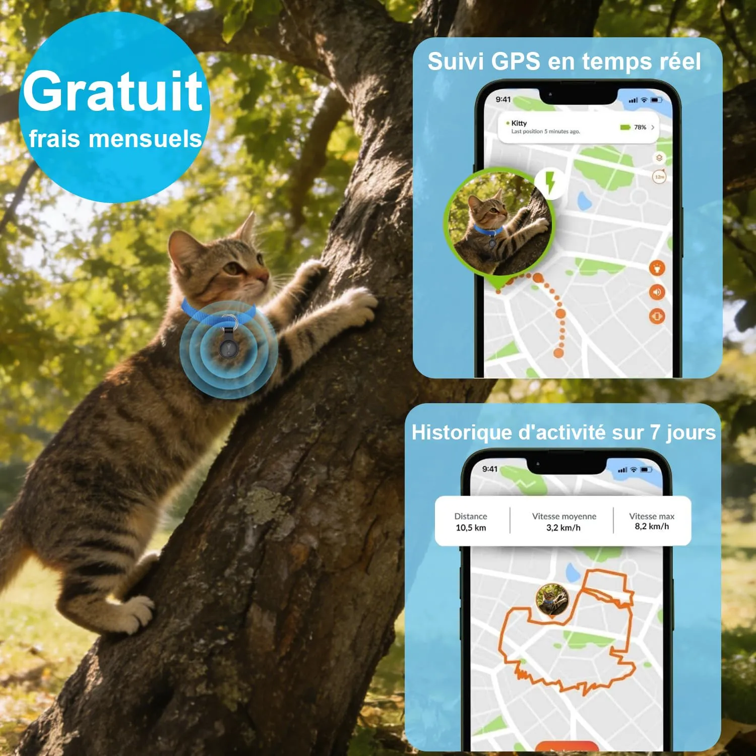Collare GPS Gatto,GPS per Cani Supporta Sia I Sistemi iOS che Android, Localizzatore GPS per Cani in Tempo, Batteria A Lunga Durata, Localizzatore per Animali Domestici Impermeabile-Nero Puro - immagine 2