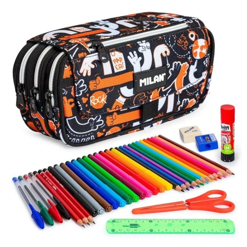 Astuccio Triplo Milan Fingers con Materiale Scolastico Incluso - immagine 1
