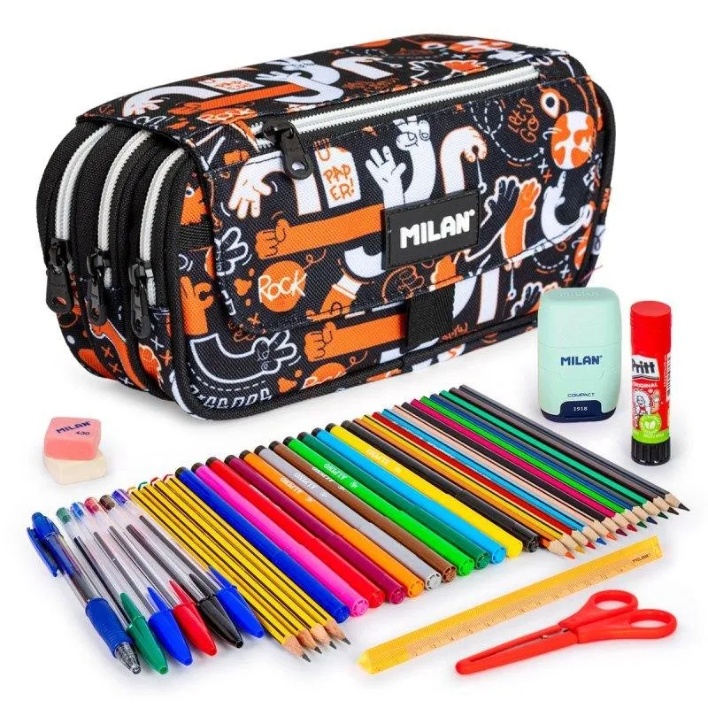 Astuccio Triplo Milan Fingers con Materiale Scolastico Incluso, Cerniere Resistenti, 3 Scomparti - immagine 1