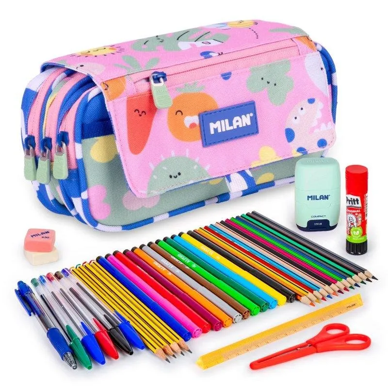 Astuccio Triplo Milan Green & Grow con Cerniere Resistenti e Materiale Scolastico Incluso - immagine 1