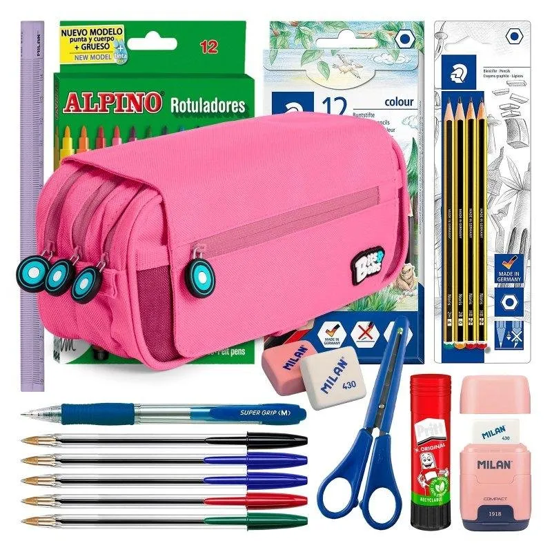Astuccio Grafoplás Bitsbobs Triplo Rosa con Materiale Scolastico Incluso - immagine 1
