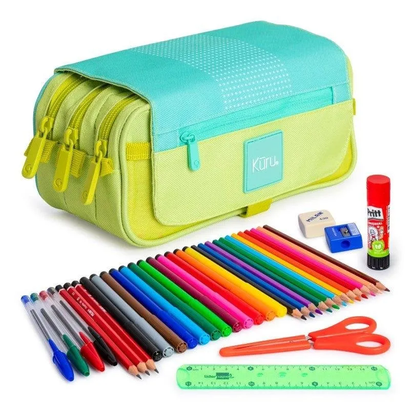 Estuche Triplo Grafoplás Kuru24 Turquesa con Materiale Scolastico Incluso - immagine 1